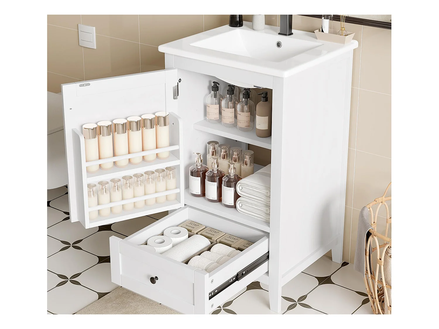 Meuble de salle de bain sur pied - avec une vasque en céramique - 1 porte et 1 tiroir - Blanc(robinet non inclus)