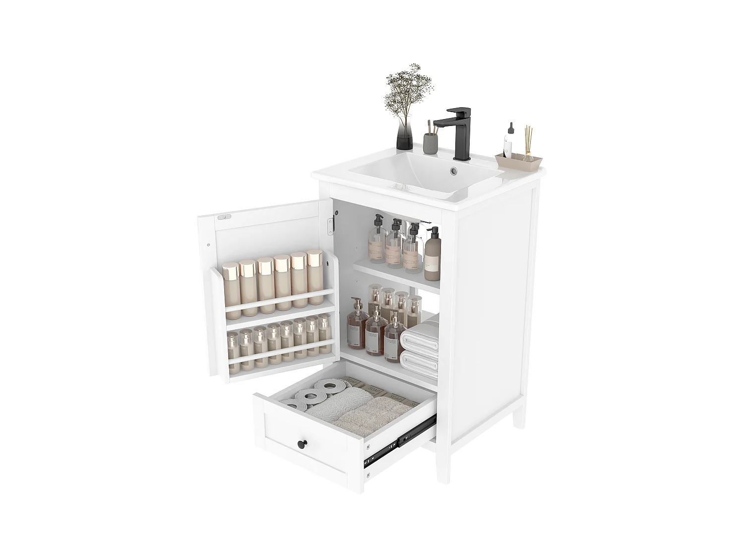 Meuble de salle de bain sur pied - avec une vasque en céramique - 1 porte et 1 tiroir - Blanc(robinet non inclus)