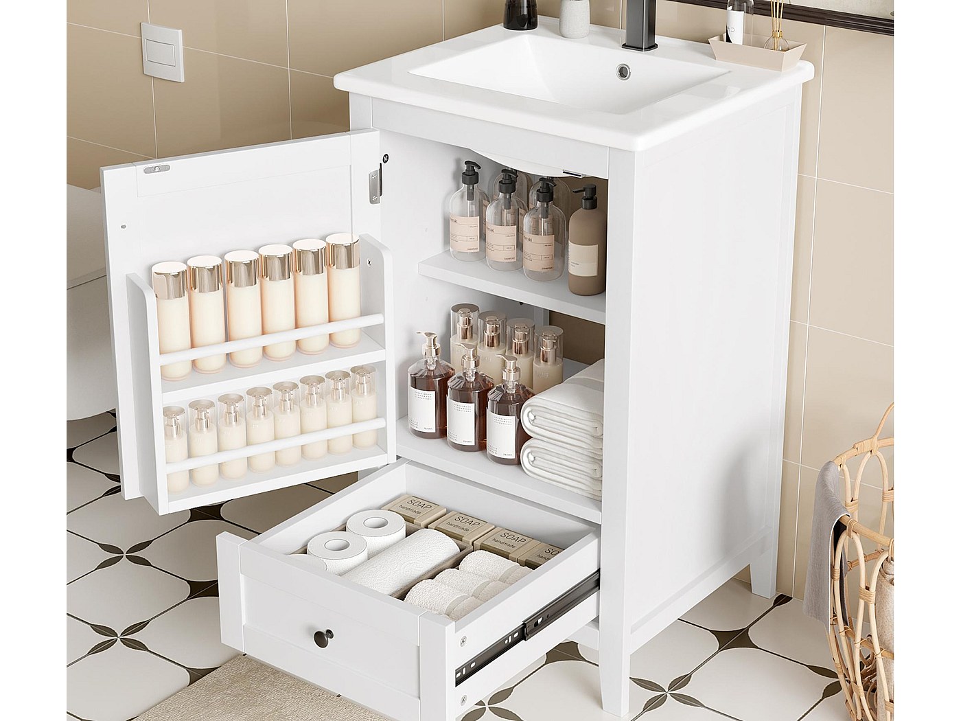 Meuble Salle De Bain 80 Cm Avec Vasque Céramique - Meuble Sous Vasque Blanc, Rangement Spacieux, Poignées Dorées