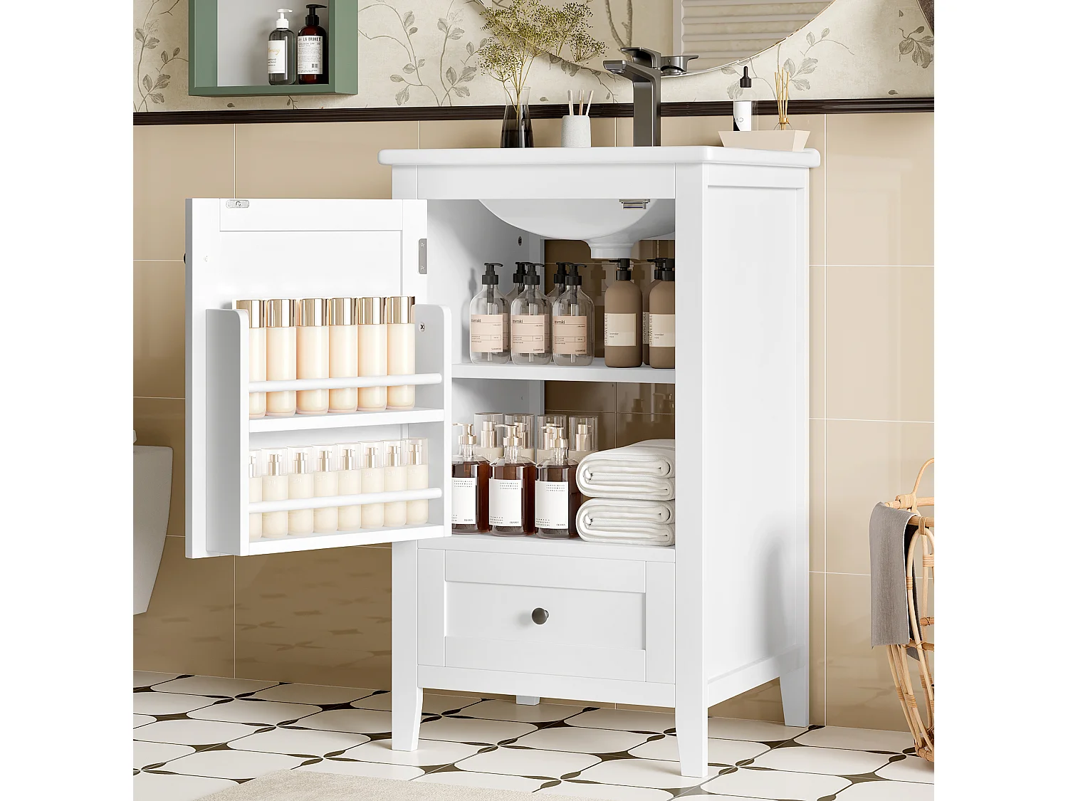 Meuble de salle de bain sur pied - avec une vasque en céramique - 1 porte et 1 tiroir - Blanc(robinet non inclus)