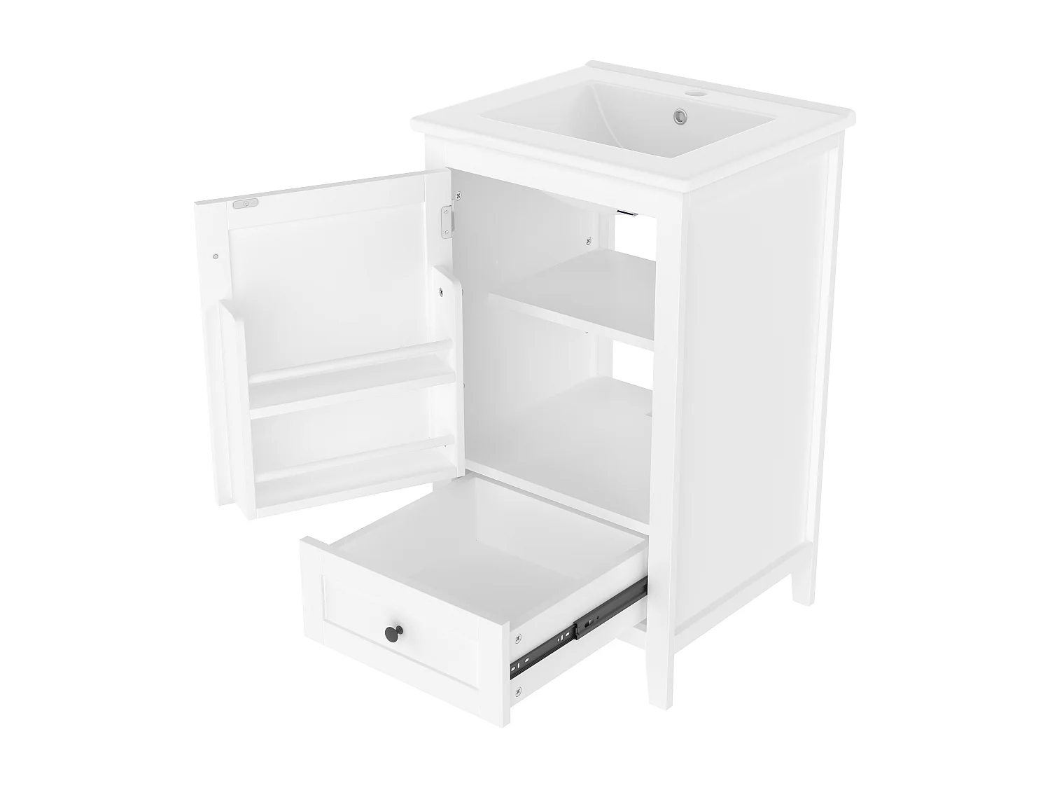 Meuble de salle de bain sur pied - avec une vasque en céramique - 1 porte et 1 tiroir - Blanc(robinet non inclus)