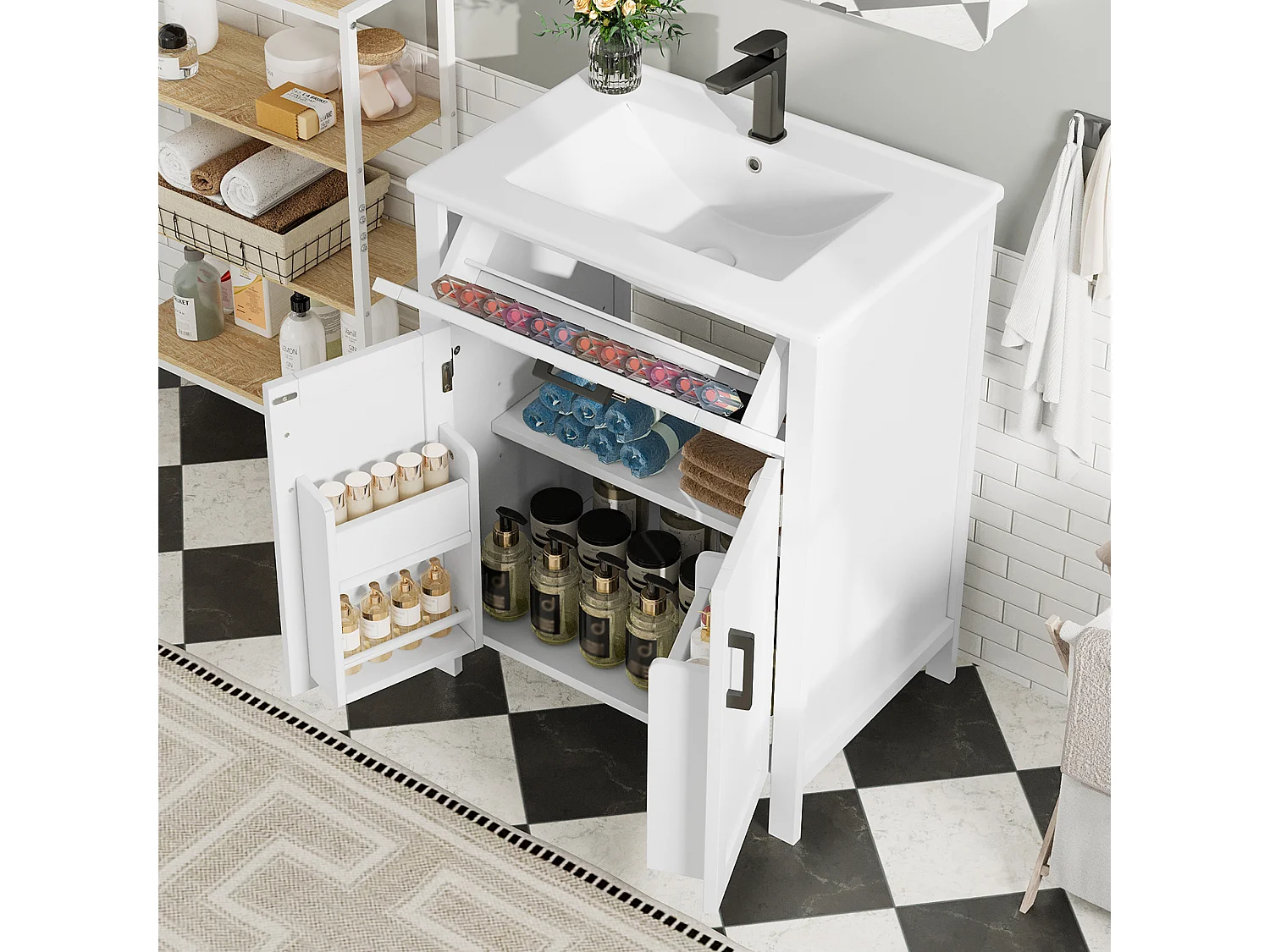 Meuble de salle de bain sur pied - avec une vasque en céramique - 2 portes - 60x46x85cm - Blanc(robinet non inclus)