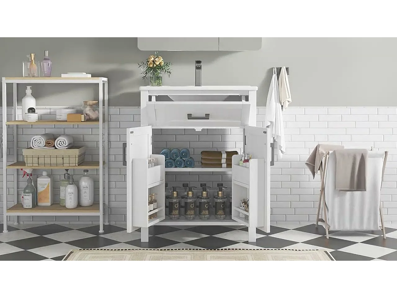 Meuble de salle de bain sur pied - avec une vasque en céramique - 2 portes - 60x46x85cm - Blanc(robinet non inclus)