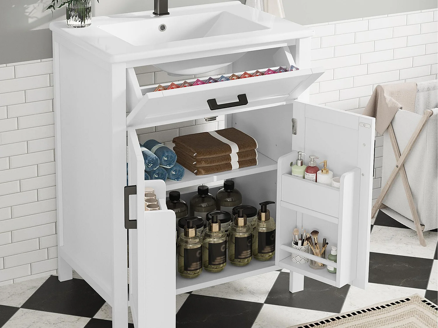 Meuble de salle de bain sur pied - avec une vasque en céramique - 2 portes - 60x46x85cm - Blanc(robinet non inclus)