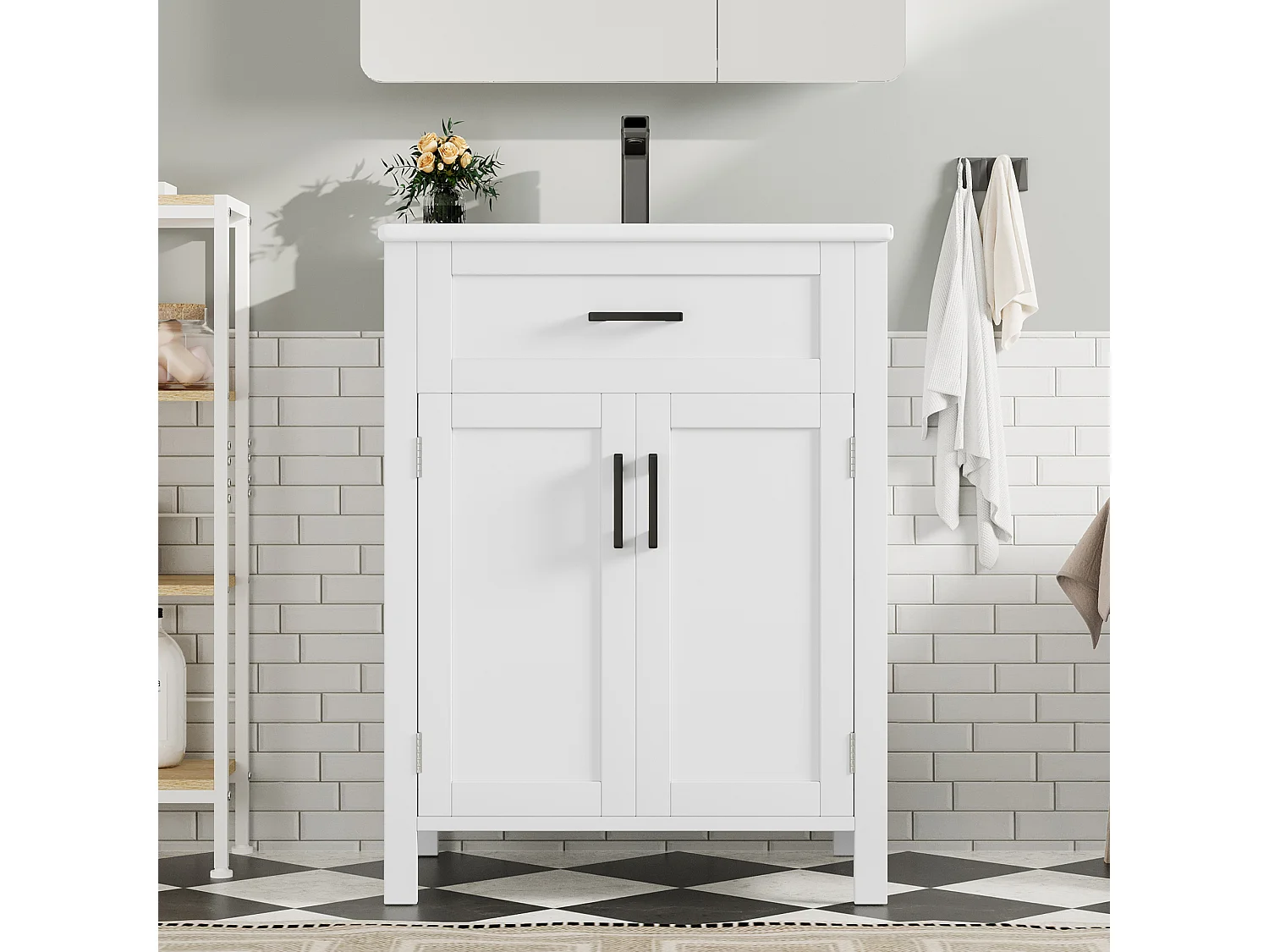 Meuble de salle de bain sur pied - avec une vasque en céramique - 2 portes - 60x46x85cm - Blanc(robinet non inclus)