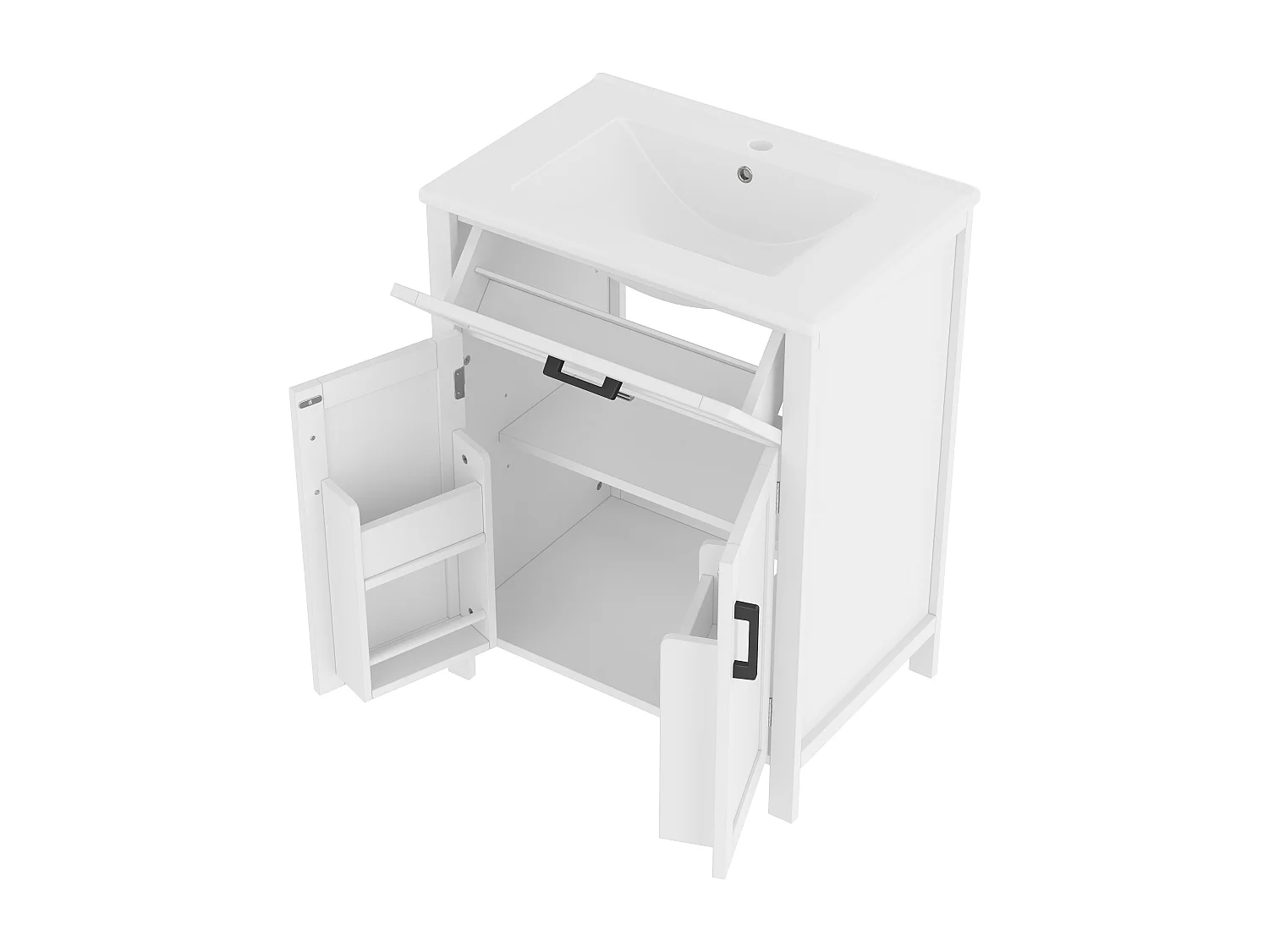 Meuble de salle de bain sur pied - avec une vasque en céramique - 2 portes - 60x46x85cm - Blanc(robinet non inclus)