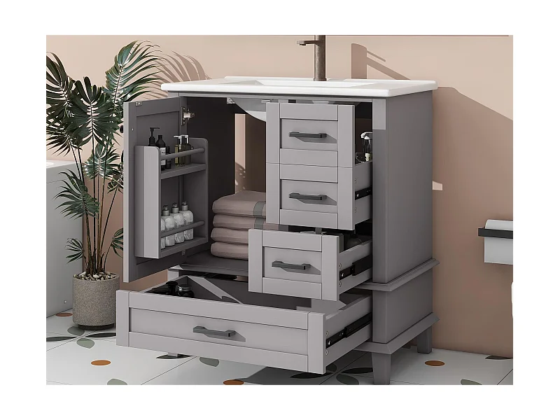Badmeubel met poten - met keramische wastafel - 1 deur en 3 laden - Grijs (kraan niet inbegrepen)