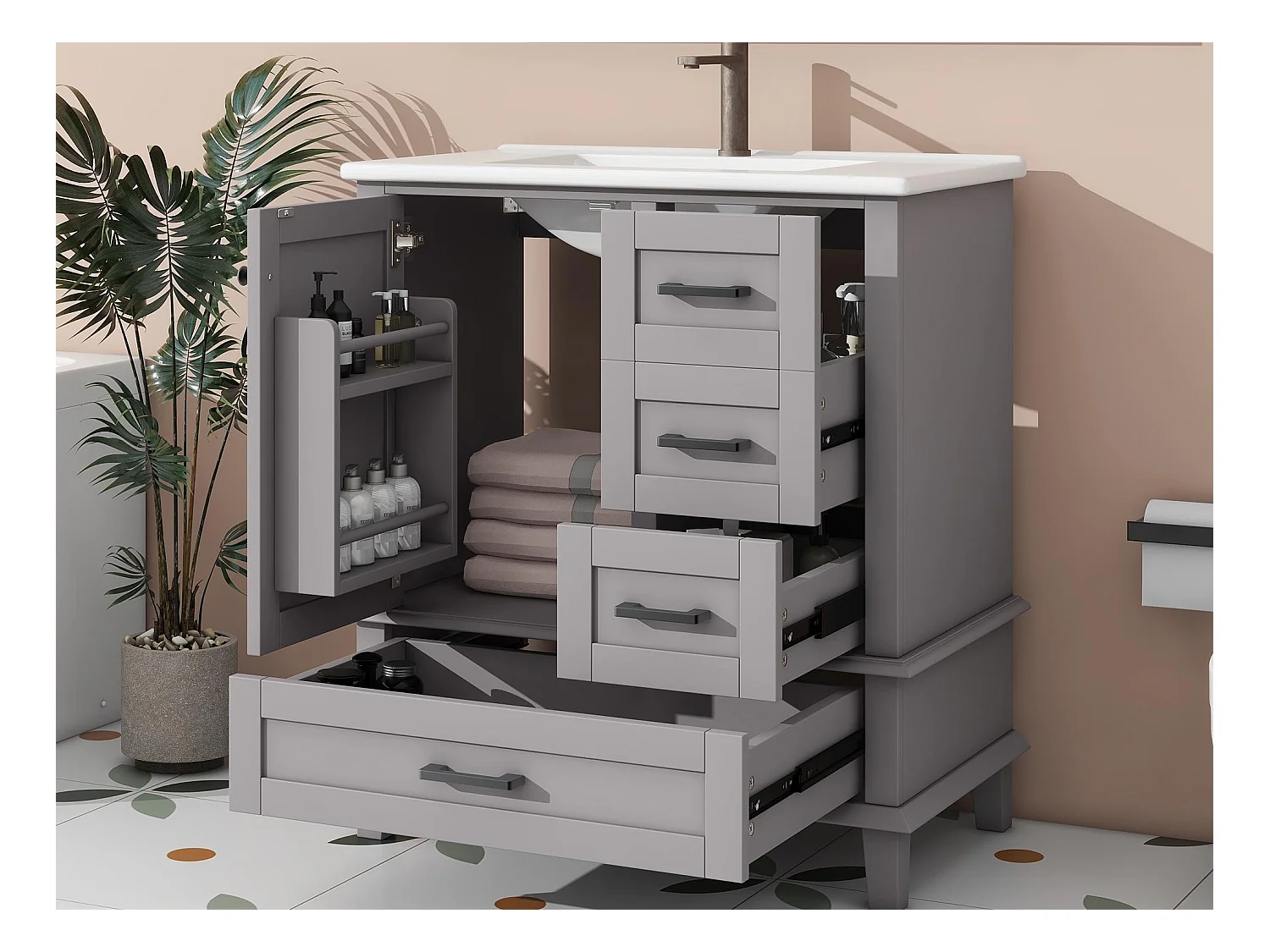 Meuble de salle de bain sur pied - avec une vasque en céramique - 1 porte et 3 tiroirs - Gris(robinet non inclus)