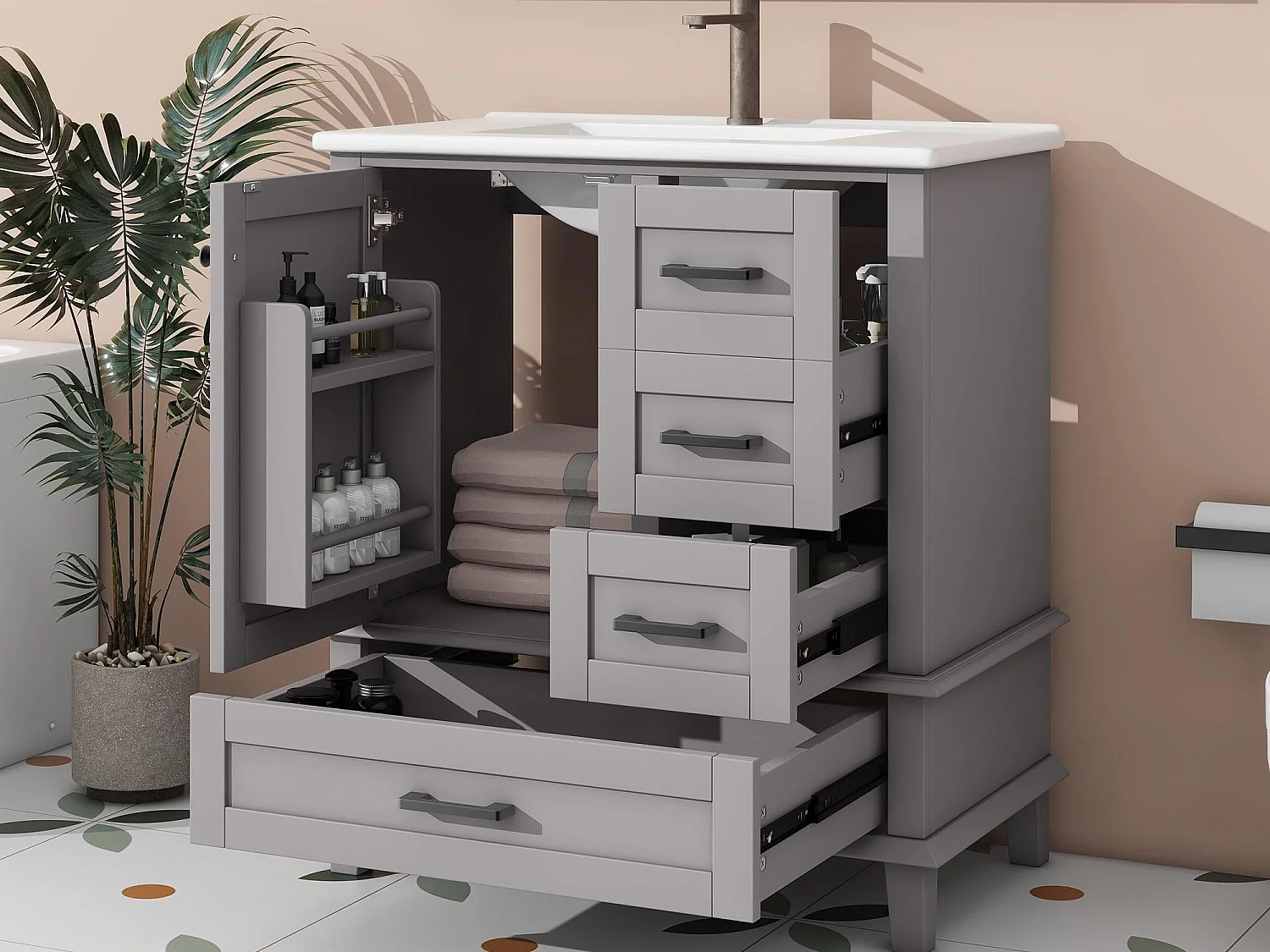 Mobile bagno con piedini - con lavello in ceramica - 1 anta e 3 cassetti - Grigio (rubinetto non incluso)