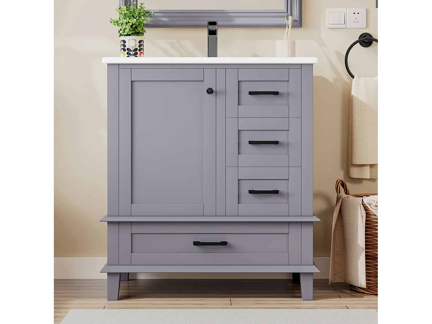 Mobile bagno con piedini - con lavello in ceramica - 1 anta e 3 cassetti - Grigio (rubinetto non incluso)