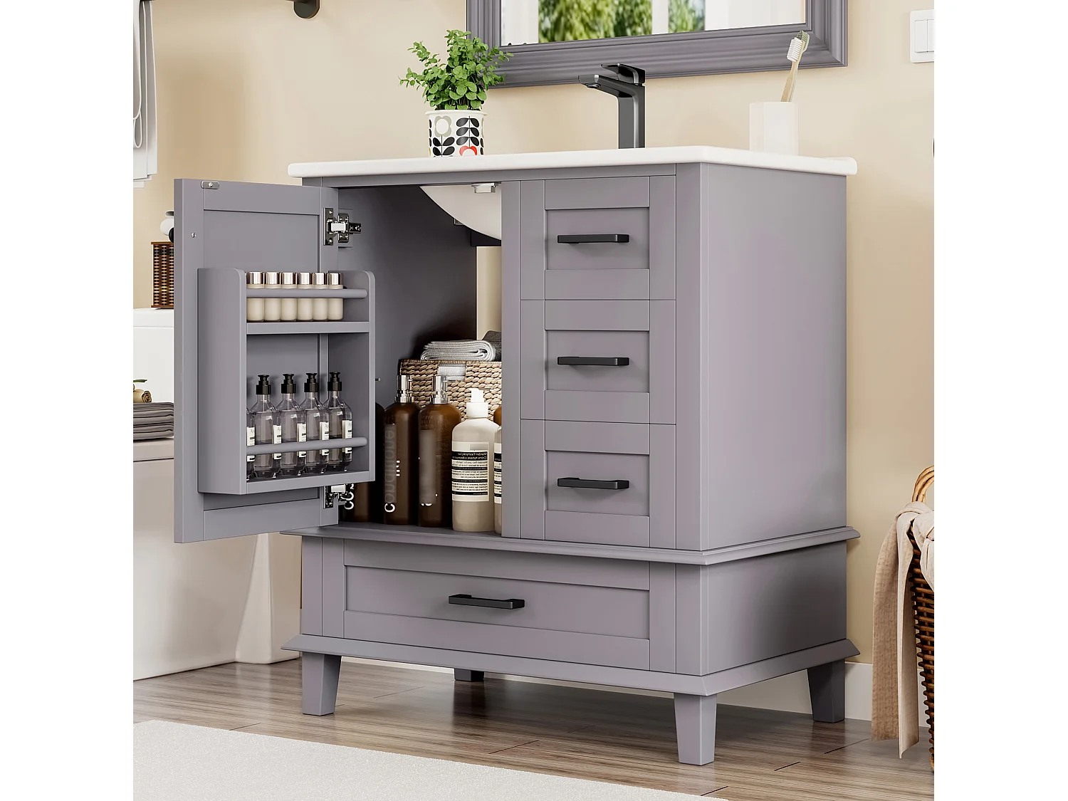 Mobile bagno con piedini - con lavello in ceramica - 1 anta e 3 cassetti - Grigio (rubinetto non incluso)