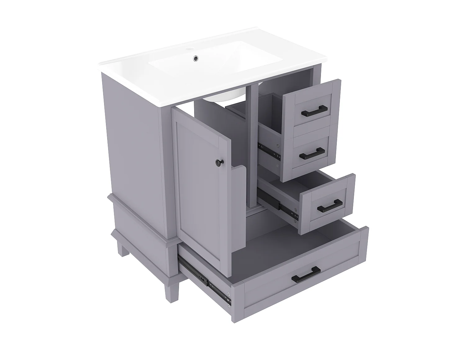 Mobile bagno con piedini - con lavello in ceramica - 1 anta e 3 cassetti - Grigio (rubinetto non incluso)