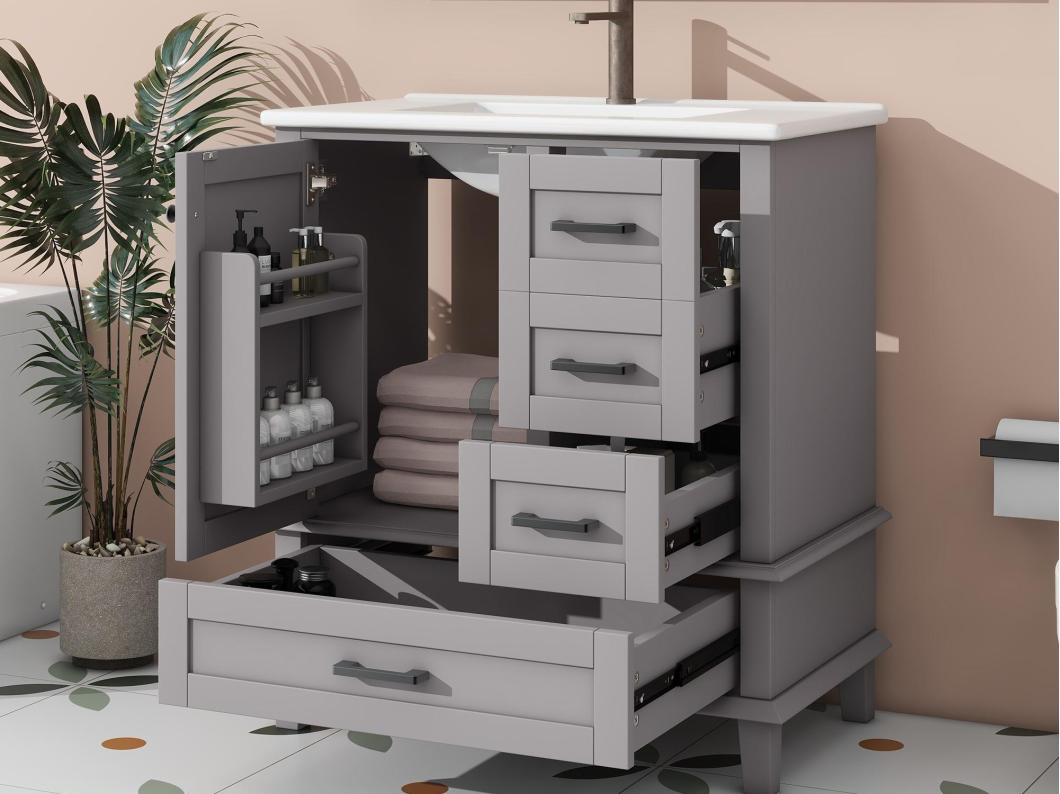 Mueble de baño con patas - con lavabo de cerámica - 1 puerta y 3 cajones - Gris (grifo no incluido)