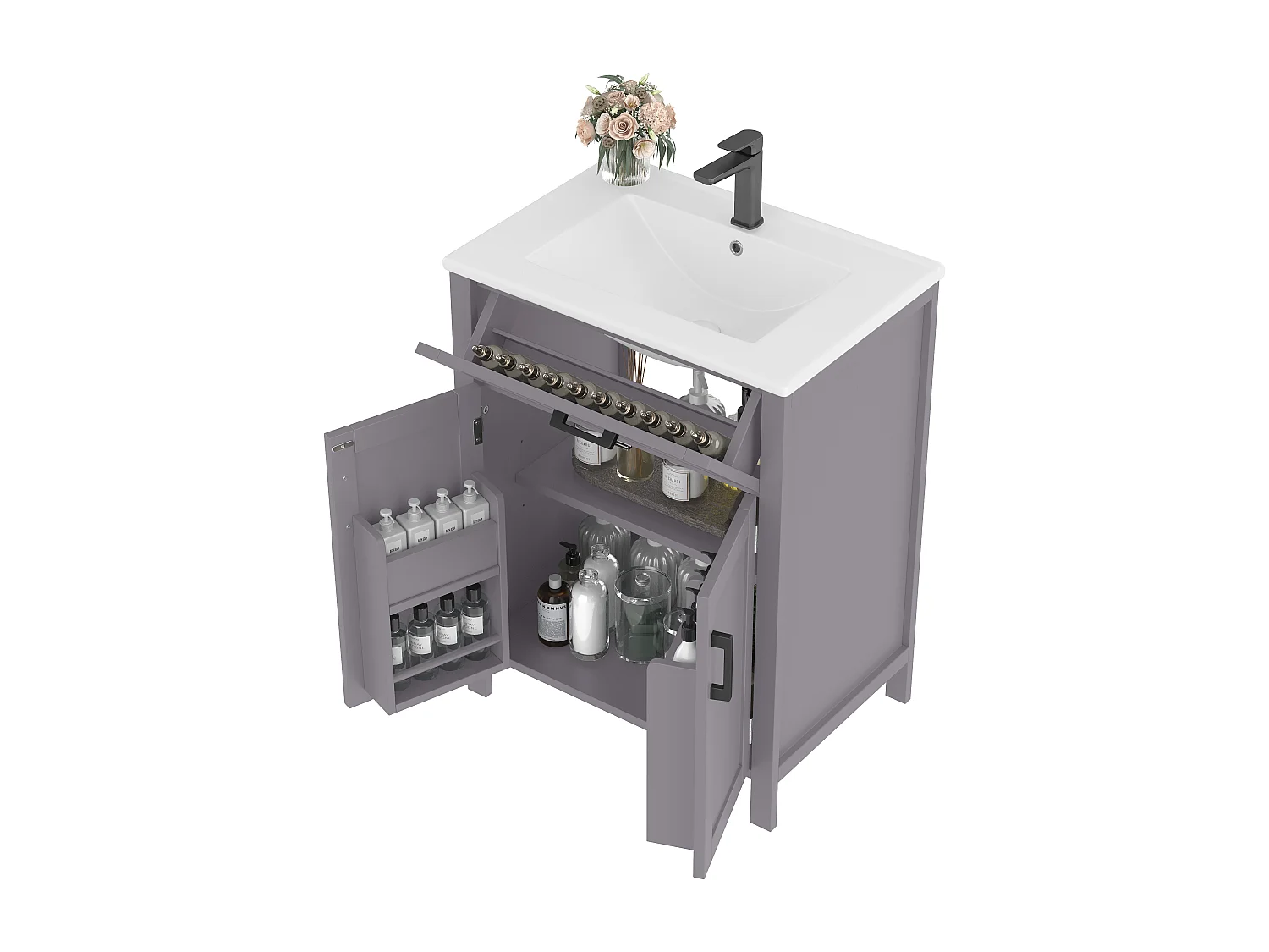 Meuble de salle de bain sur pied avec une vasque en céramique - 2 portes - 60x46x85cm - Gris(robinet non inclus)