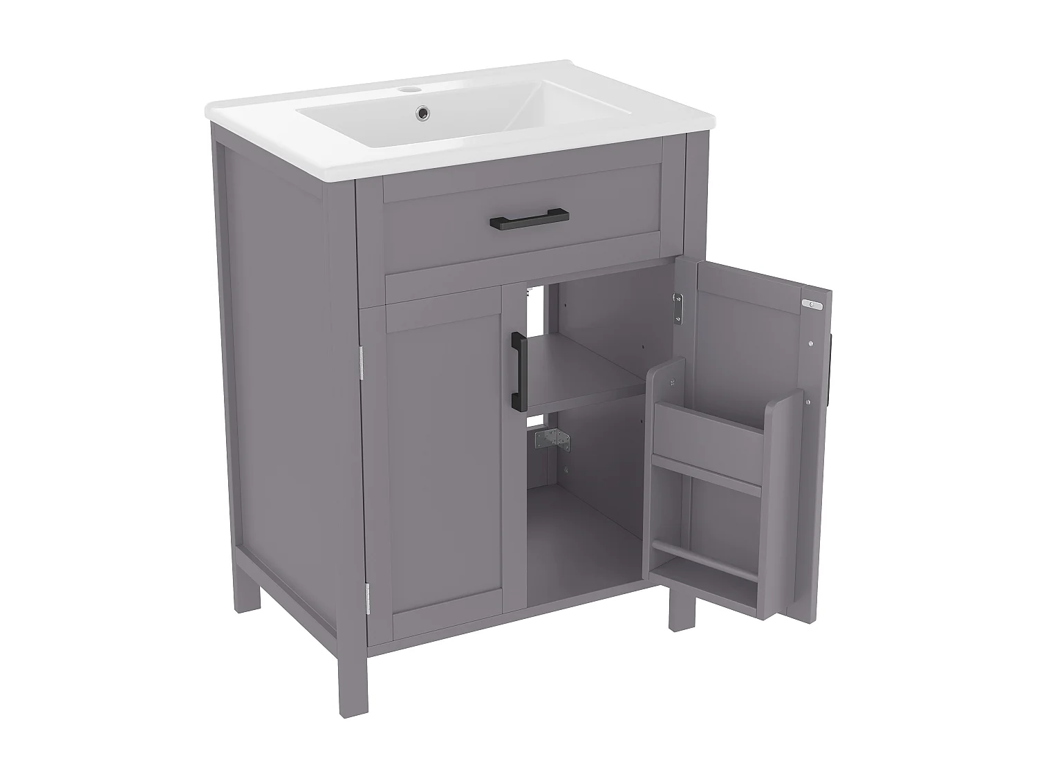 Meuble de salle de bain sur pied avec une vasque en céramique - 2 portes - 60x46x85cm - Gris(robinet non inclus)