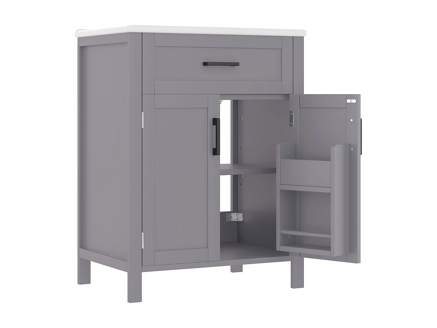 Meuble de salle de bain sur pied avec une vasque en céramique - 2 portes - 60x46x85cm - Gris(robinet non inclus)
