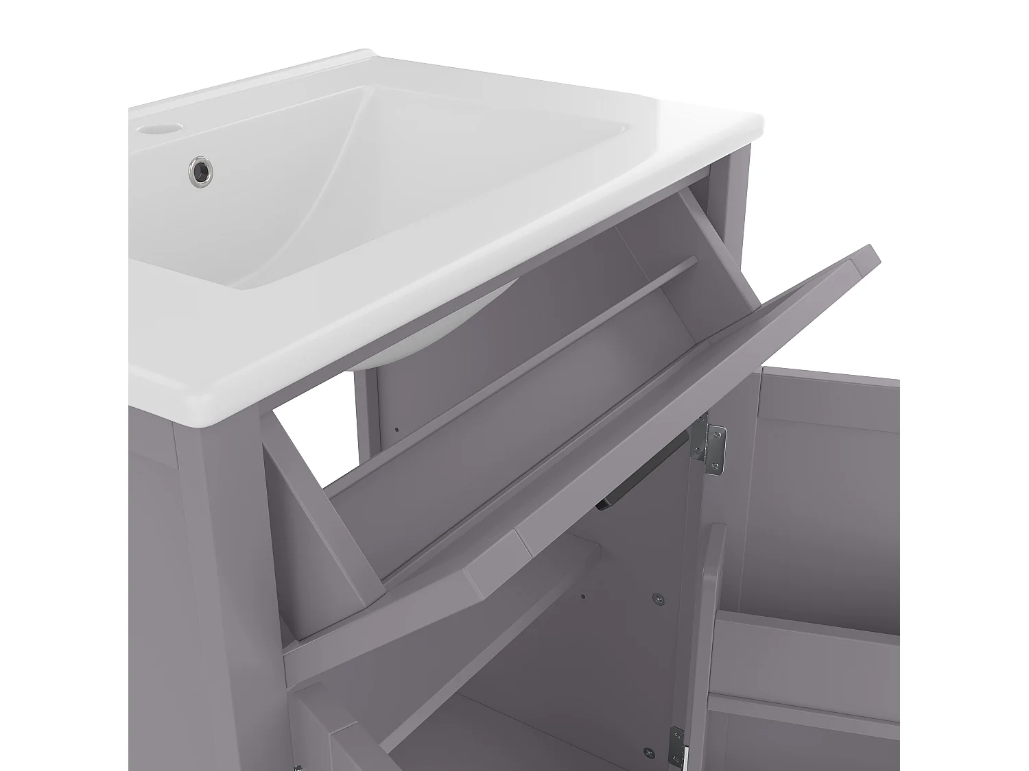 Meuble de salle de bain sur pied avec une vasque en céramique - 2 portes - 60x46x85cm - Gris(robinet non inclus)