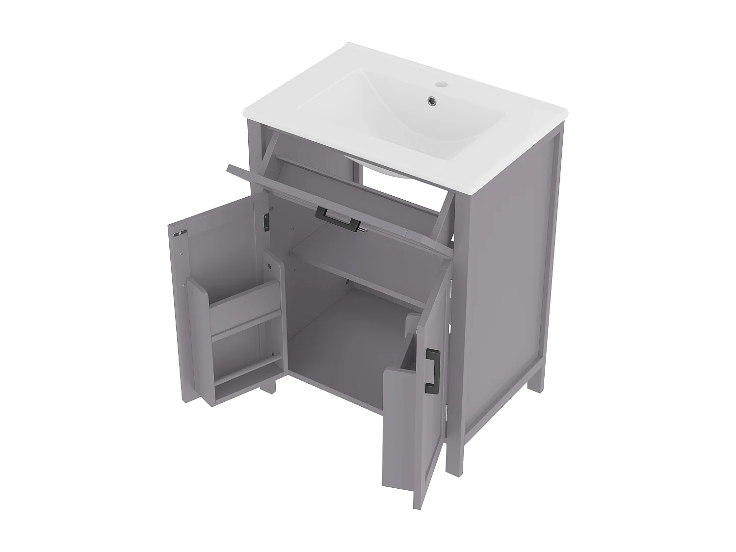 Meuble de salle de bain sur pied avec une vasque en céramique - 2 portes - 60x46x85cm - Gris(robinet non inclus)