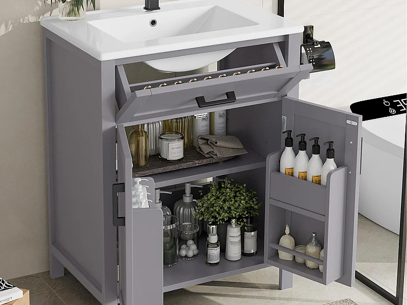 Meuble de salle de bain sur pied avec une vasque en céramique - 2 portes - 60x46x85cm - Gris(robinet non inclus)