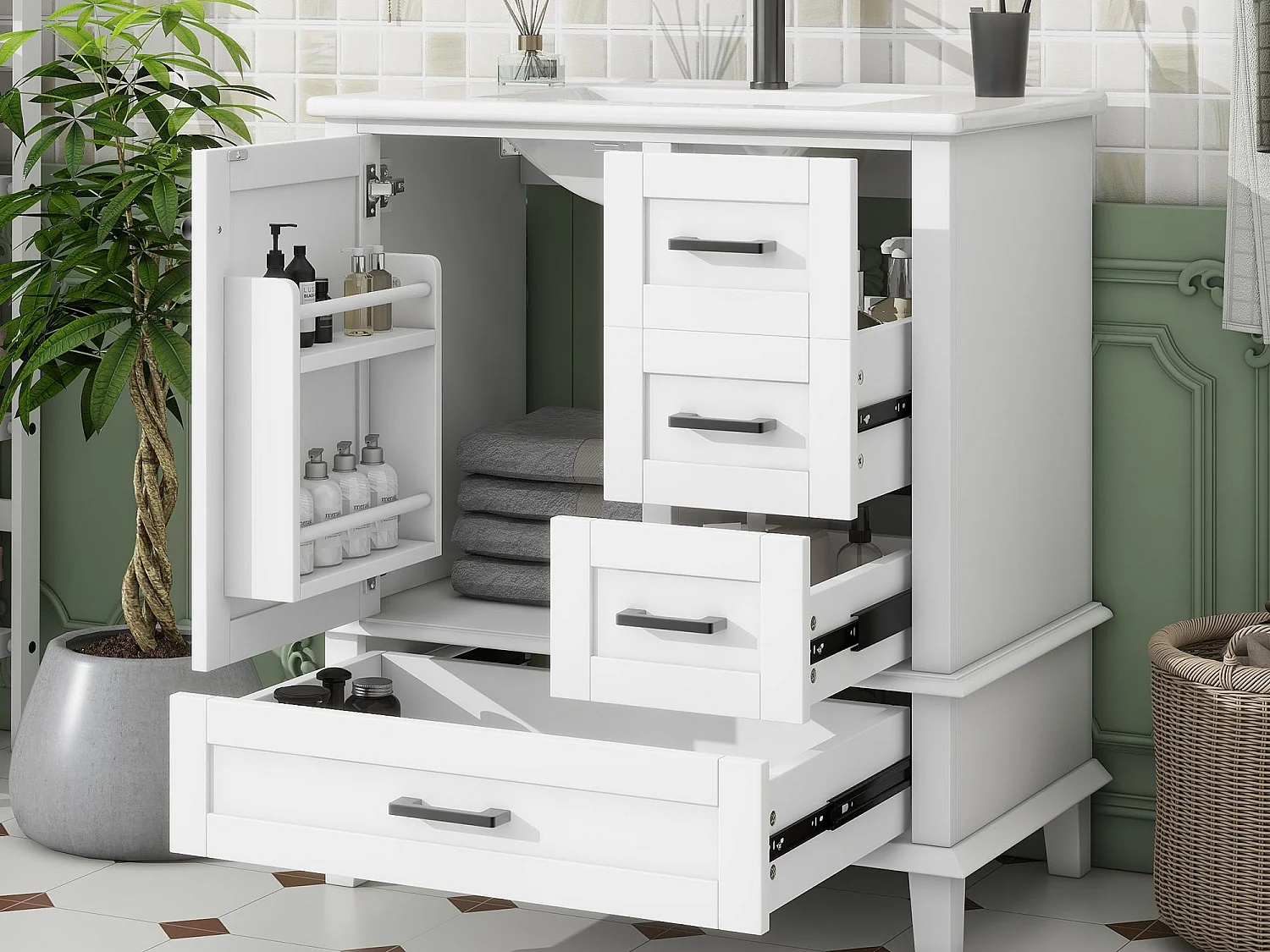 Meuble de salle de bain sur pied - avec une vasque en céramique - 1 porte et 3 tiroirs - Blanc(robinet non inclus)