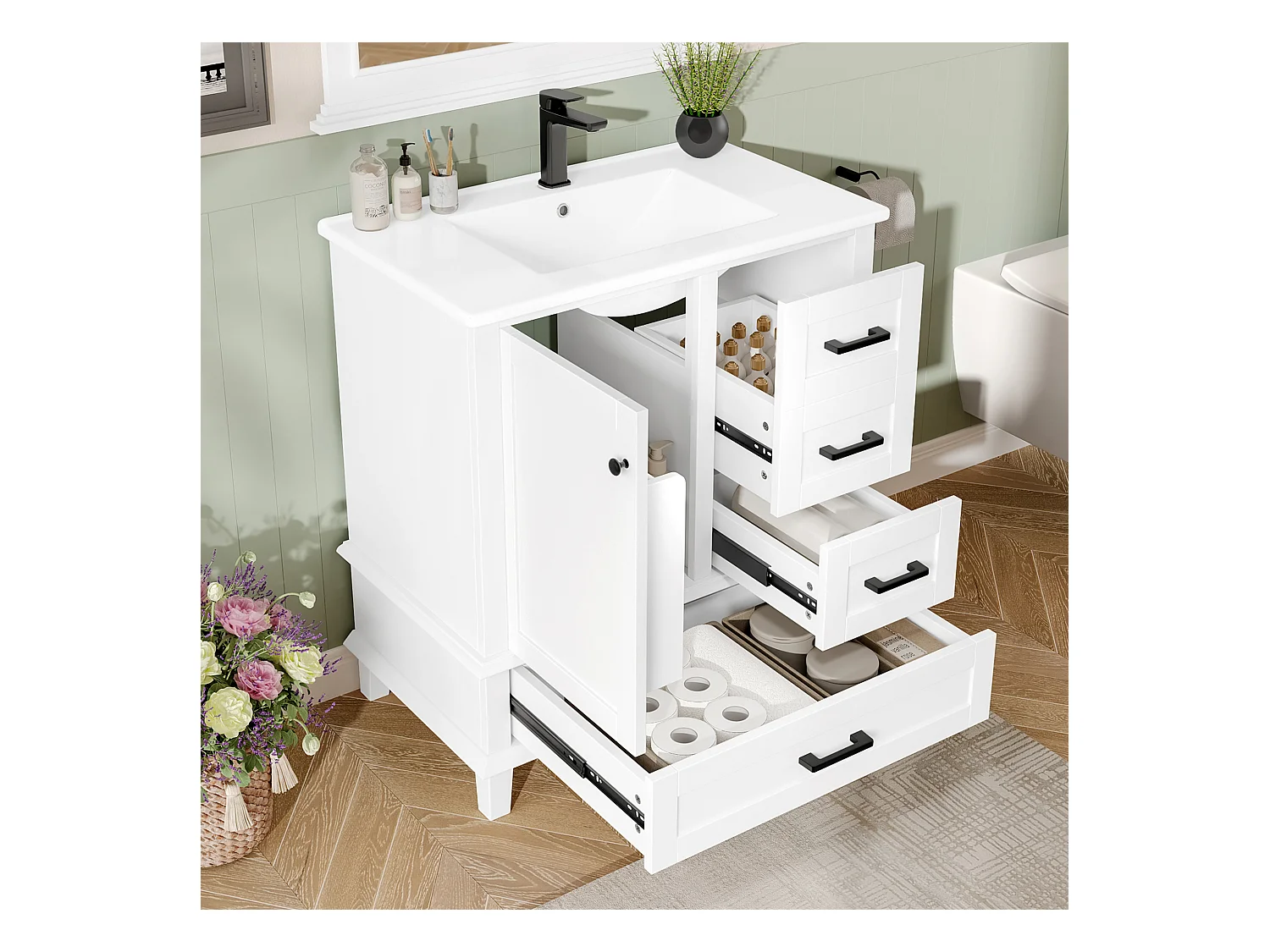 Meuble de salle de bain sur pied - avec une vasque en céramique - 1 porte et 3 tiroirs - Blanc(robinet non inclus)