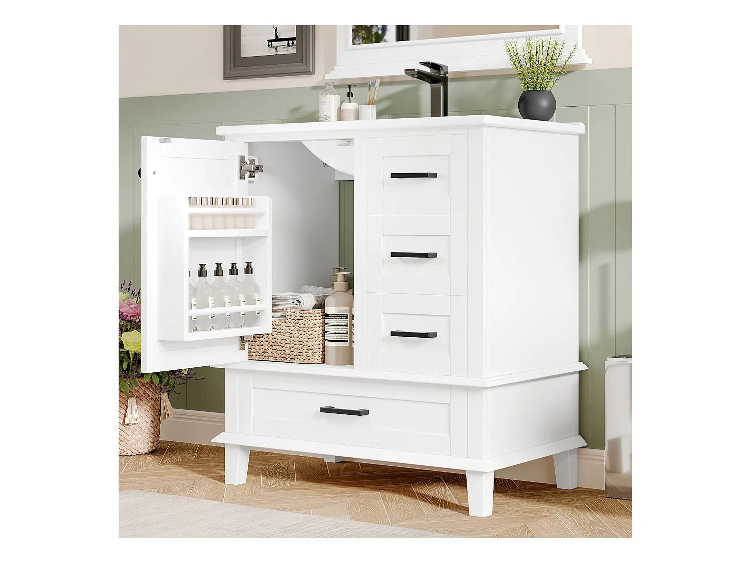 Meuble de salle de bain sur pied - avec une vasque en céramique - 1 porte et 3 tiroirs - Blanc(robinet non inclus)