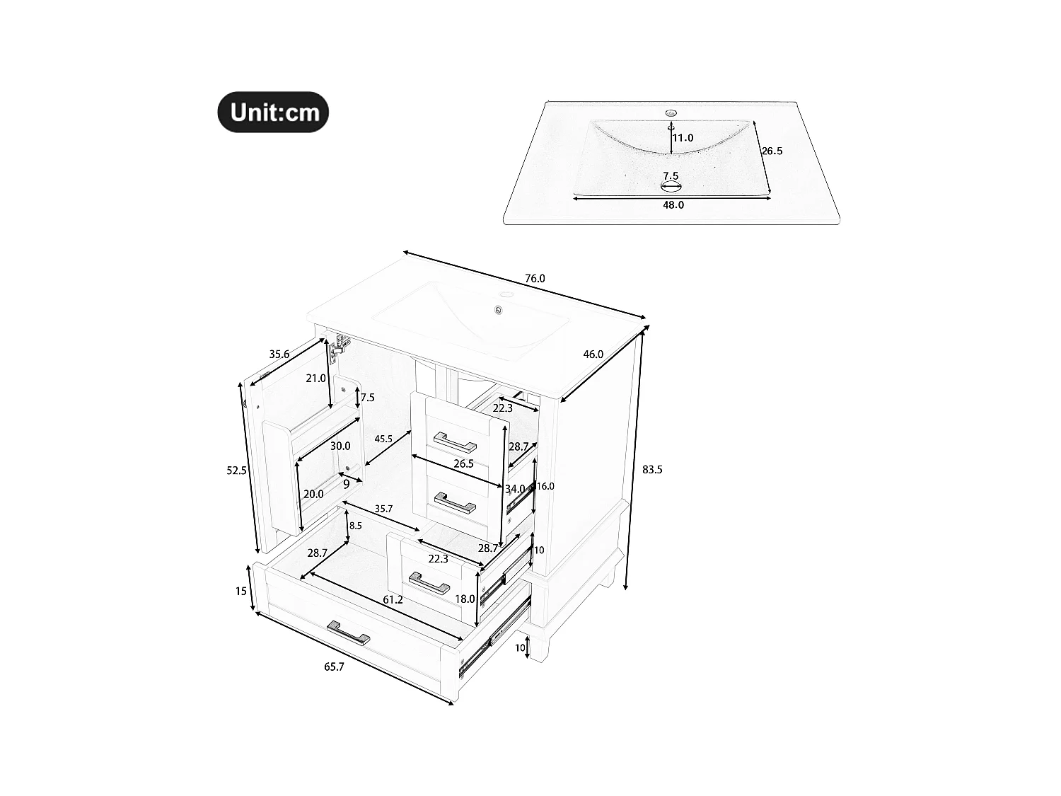 Meuble de salle de bain sur pied - avec une vasque en céramique - 1 porte et 3 tiroirs - Blanc(robinet non inclus)