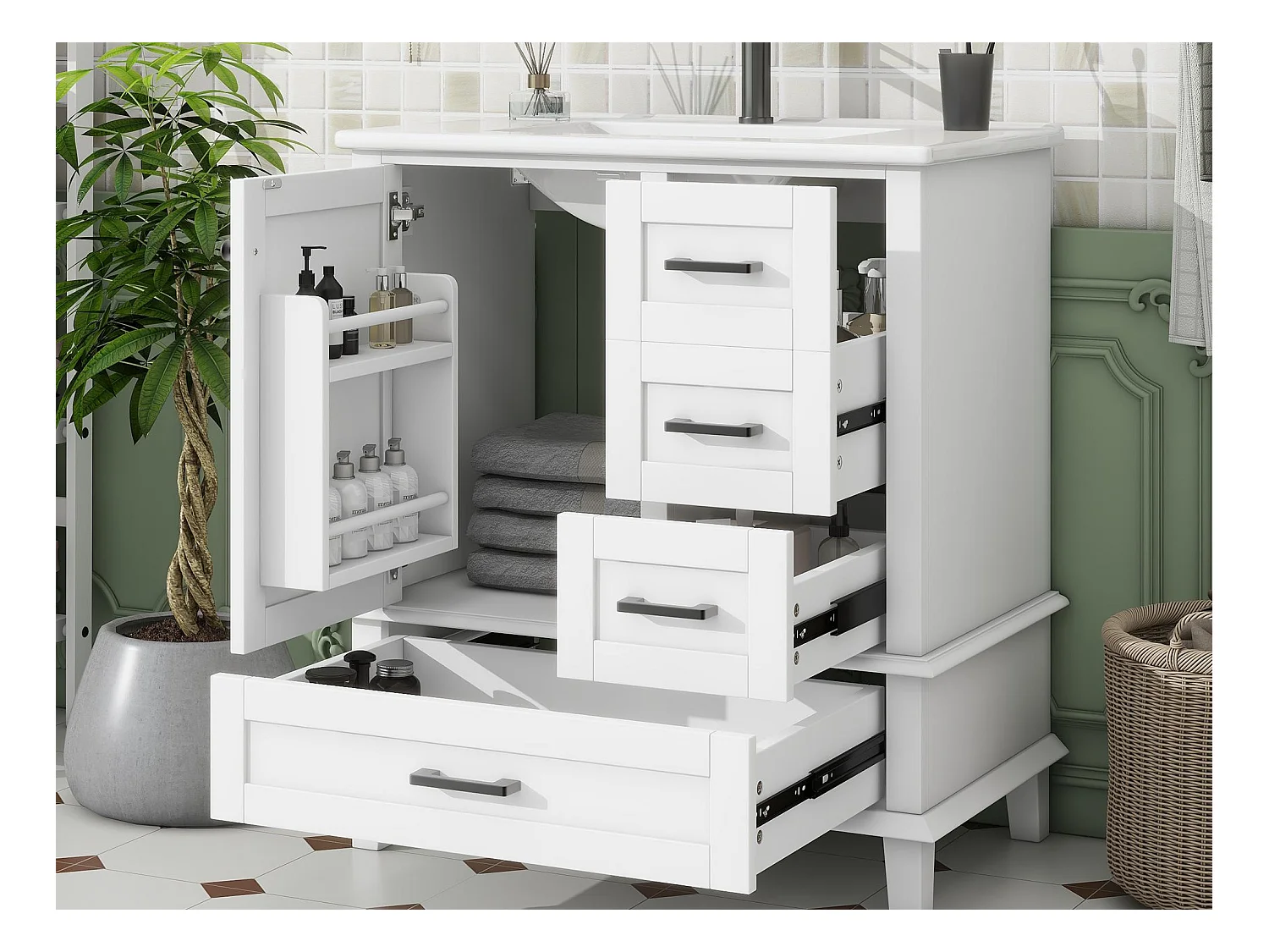 Badezimmerschrank mit Füßen - mit Keramikwaschbecken - 1 Tür und 3 Schubladen - Weiß (Armatur nicht enthalten)