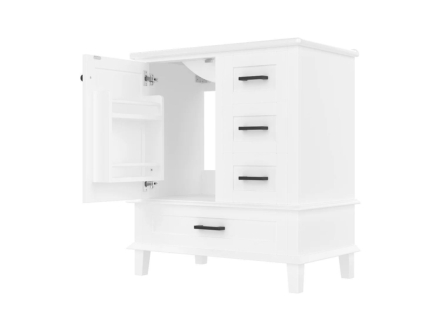 Badezimmerschrank mit Füßen - mit Keramikwaschbecken - 1 Tür und 3 Schubladen - Weiß (Armatur nicht enthalten)