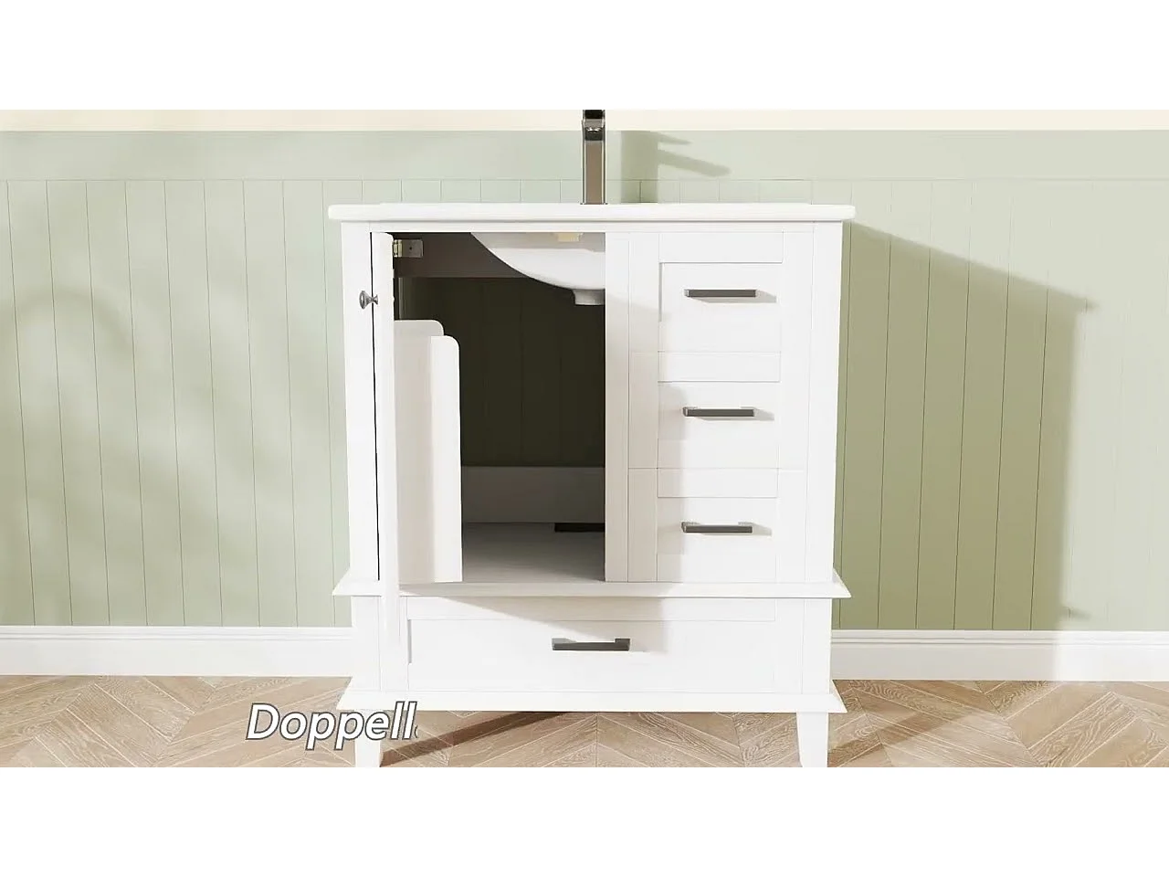 Mobile bagno con piedini - con lavello in ceramica - 1 anta e 3 cassetti - Bianco (rubinetto non incluso)