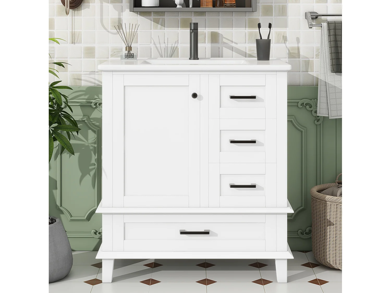 Mobile bagno con piedini - con lavello in ceramica - 1 anta e 3 cassetti - Bianco (rubinetto non incluso)