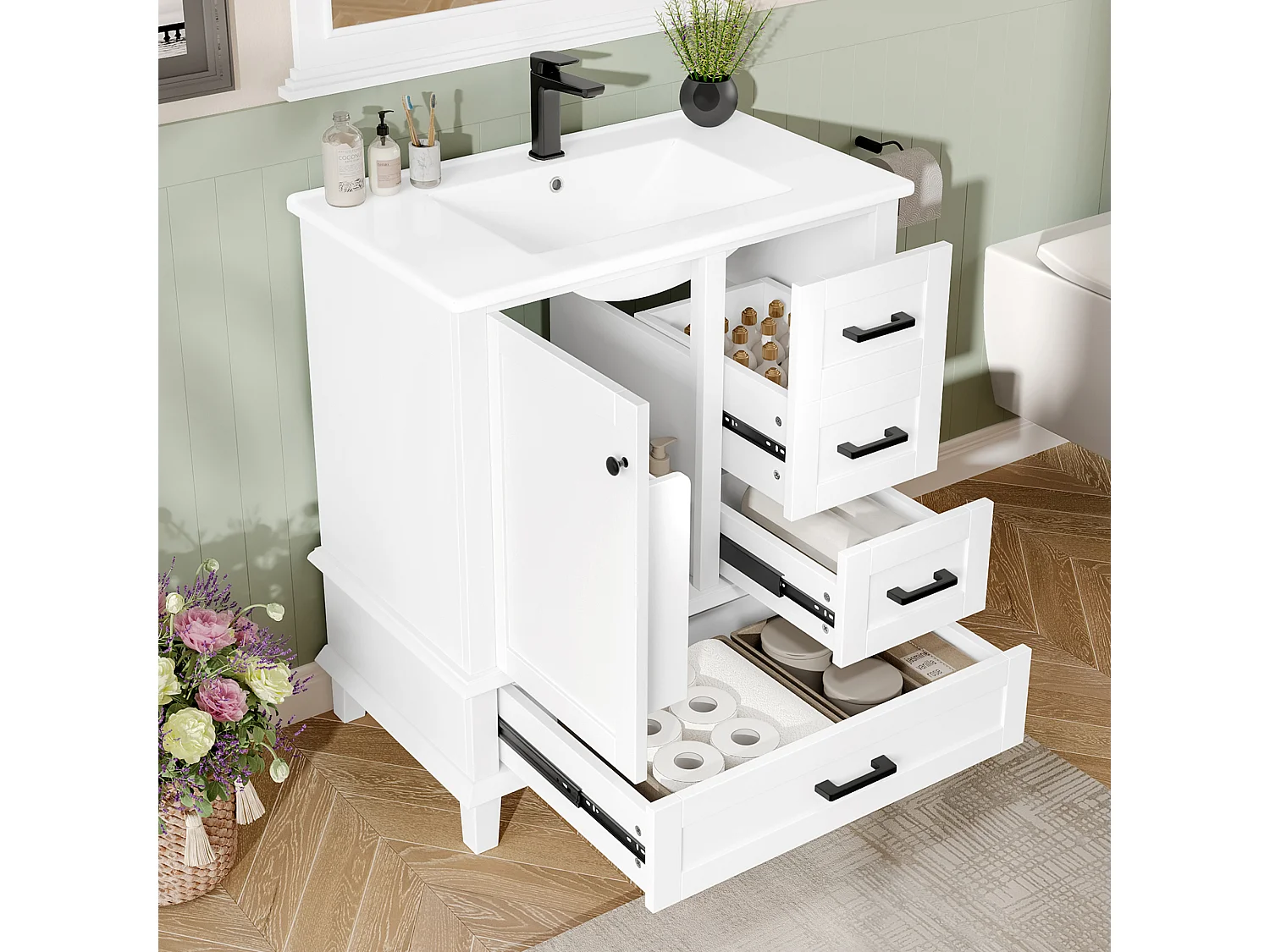 Mobile bagno con piedini - con lavello in ceramica - 1 anta e 3 cassetti - Bianco (rubinetto non incluso)