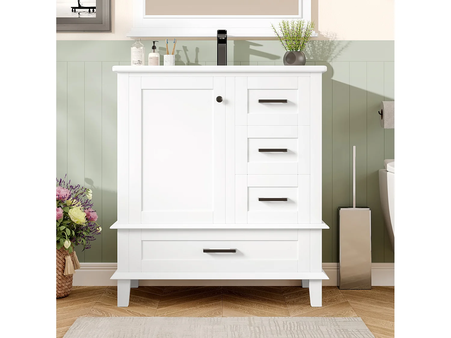 Mobile bagno con piedini - con lavello in ceramica - 1 anta e 3 cassetti - Bianco (rubinetto non incluso)