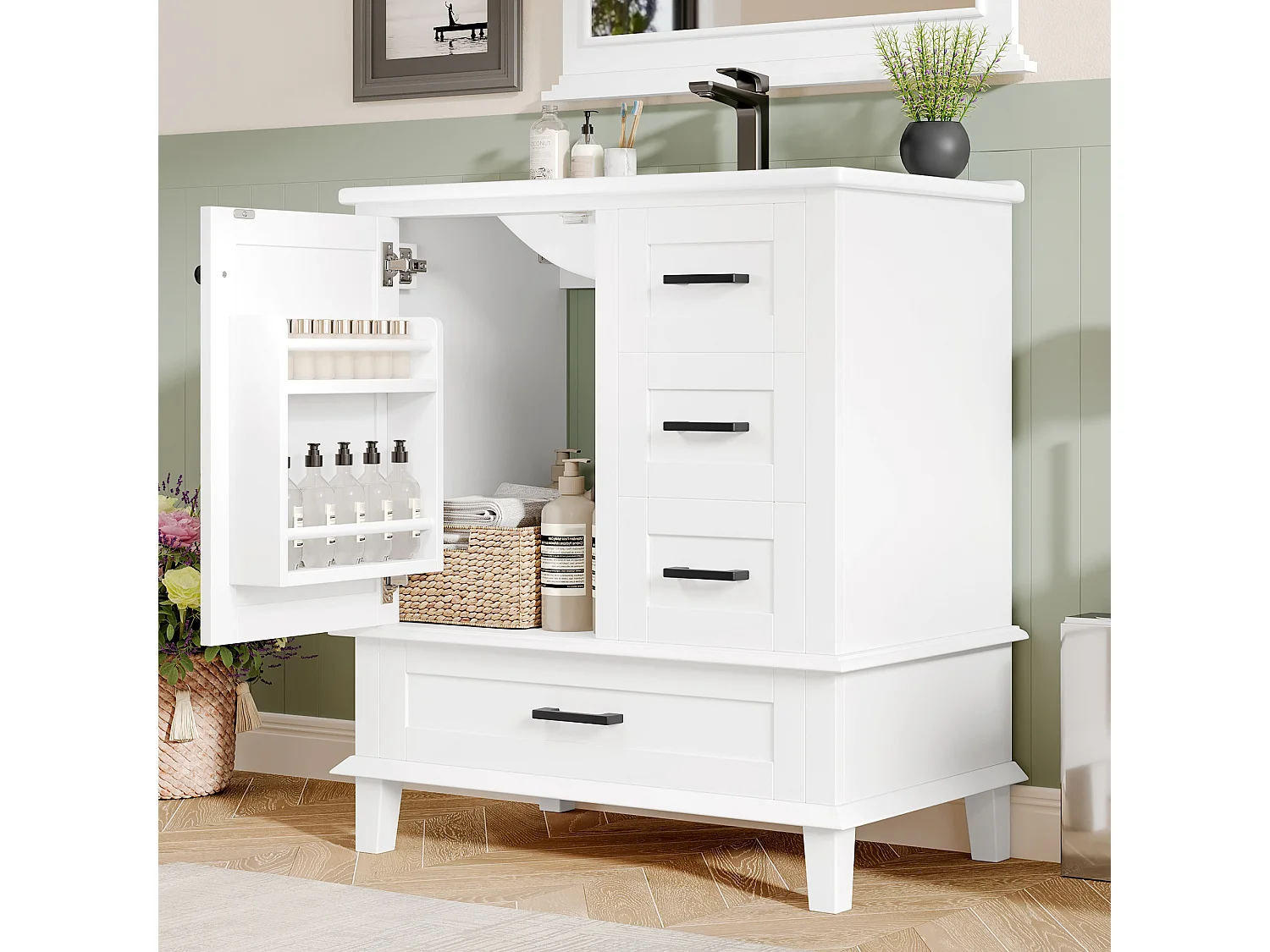 Mobile bagno con piedini - con lavello in ceramica - 1 anta e 3 cassetti - Bianco (rubinetto non incluso)