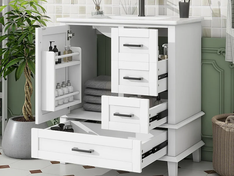 Meuble de salle de bain sur pied - avec une vasque en céramique - 1 porte et 3 tiroirs - Blanc(robinet non inclus)