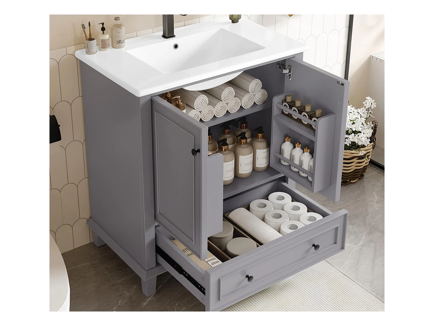 Meuble de salle de bain sur pied - avec une vasque en céramique - 2 portes et 1 tiroir - gris(robinet non inclus)