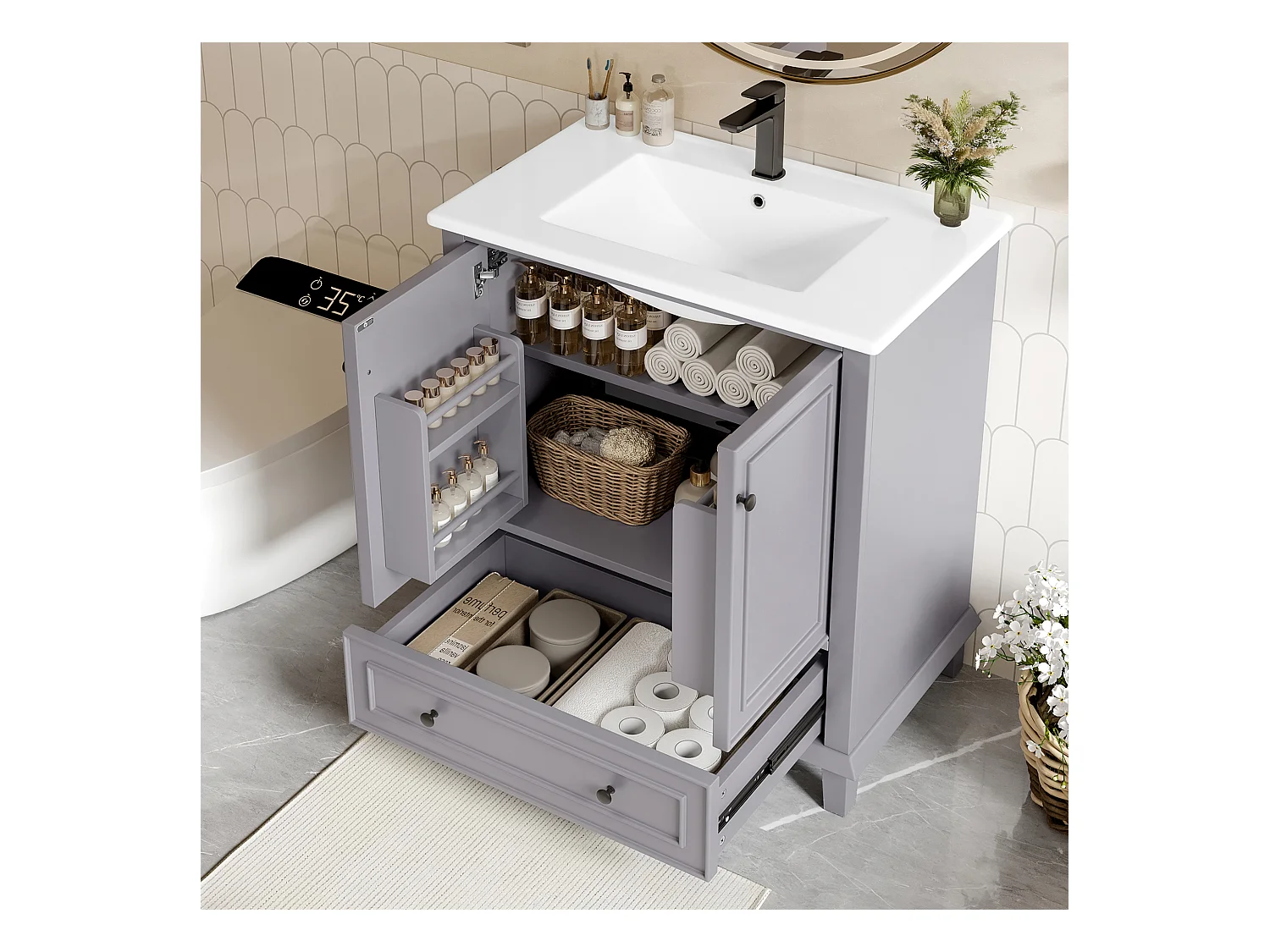 Meuble de salle de bain sur pied - avec une vasque en céramique - 2 portes et 1 tiroir - gris(robinet non inclus)