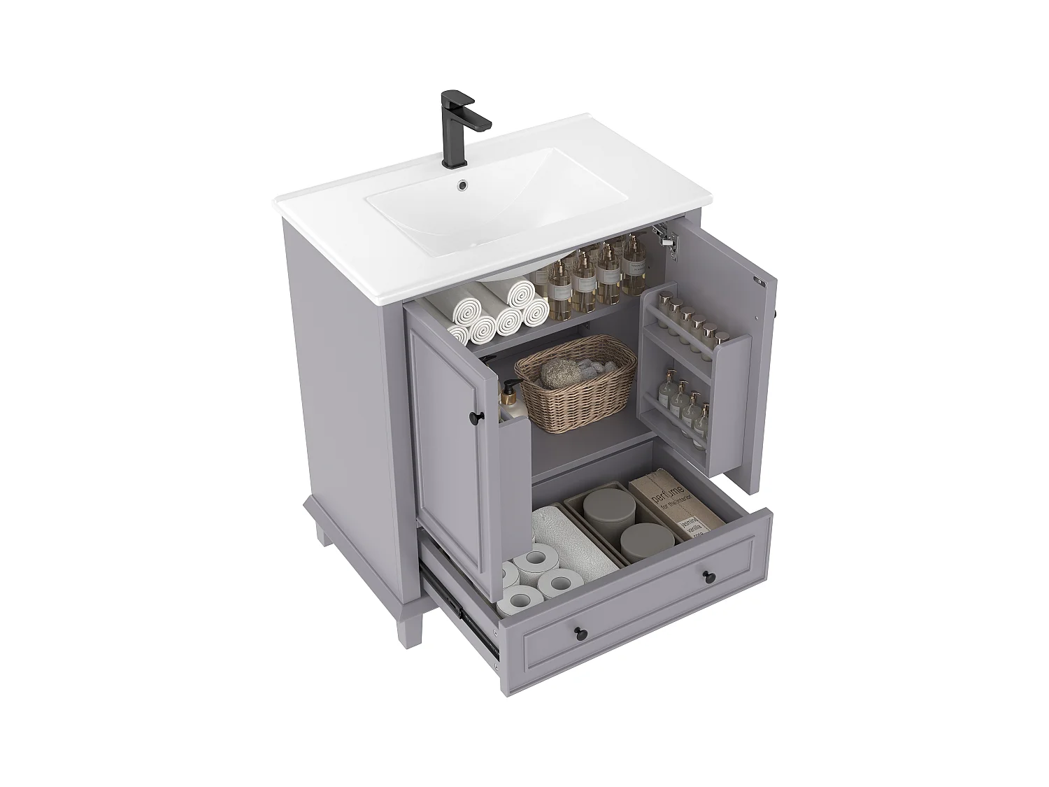 Meuble de salle de bain sur pied - avec une vasque en céramique - 2 portes et 1 tiroir - gris(robinet non inclus)