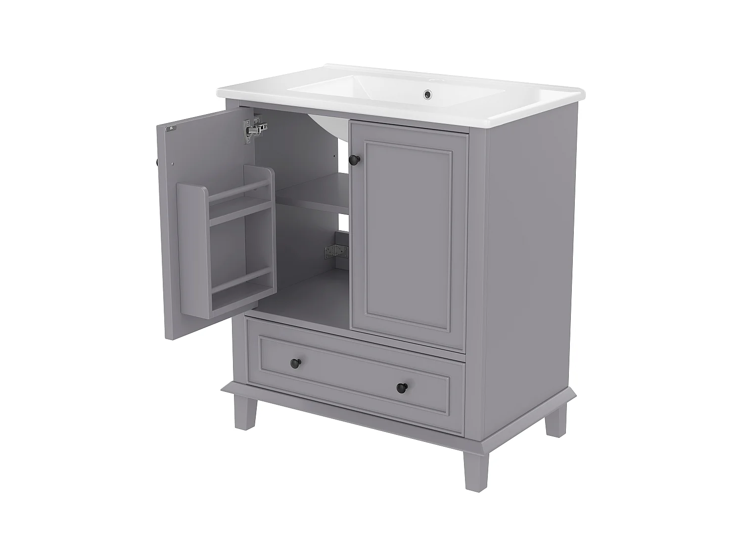 Meuble de salle de bain sur pied - avec une vasque en céramique - 2 portes et 1 tiroir - gris(robinet non inclus)