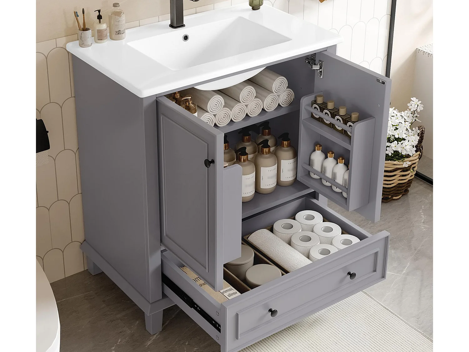 Meuble de salle de bain sur pied - avec une vasque en céramique - 2 portes et 1 tiroir - gris(robinet non inclus)