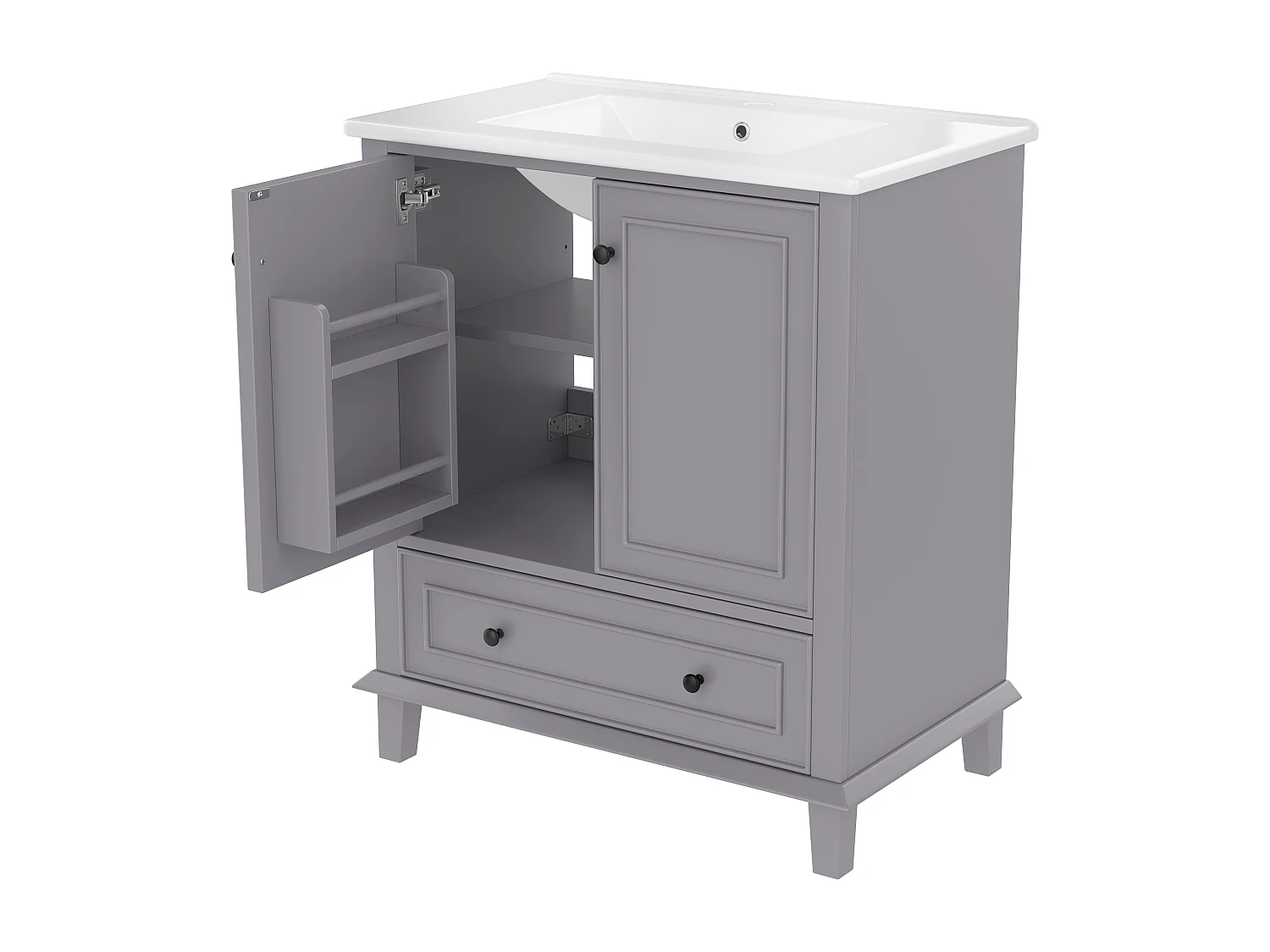 Meuble de salle de bain sur pied - avec une vasque en céramique - 2 portes et 1 tiroir - gris(robinet non inclus)