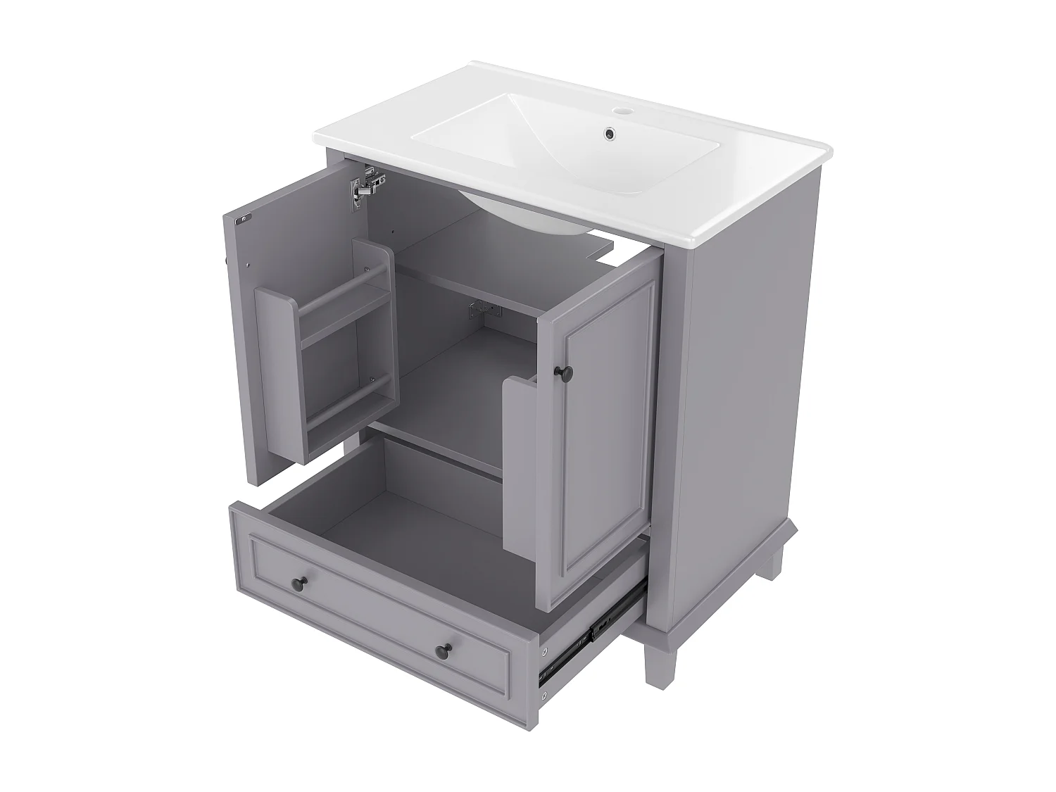 Meuble de salle de bain sur pied - avec une vasque en céramique - 2 portes et 1 tiroir - gris(robinet non inclus)