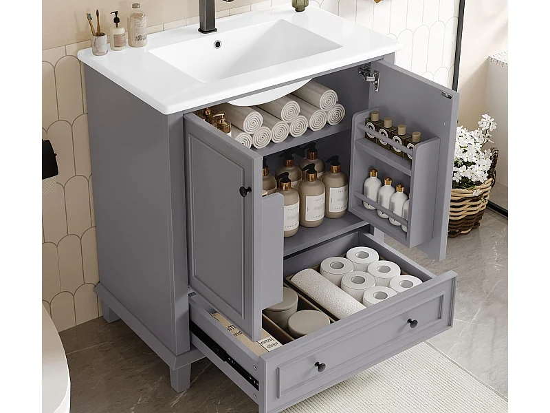 Meuble de salle de bain sur pied - avec une vasque en céramique - 2 portes et 1 tiroir - gris(robinet non inclus)