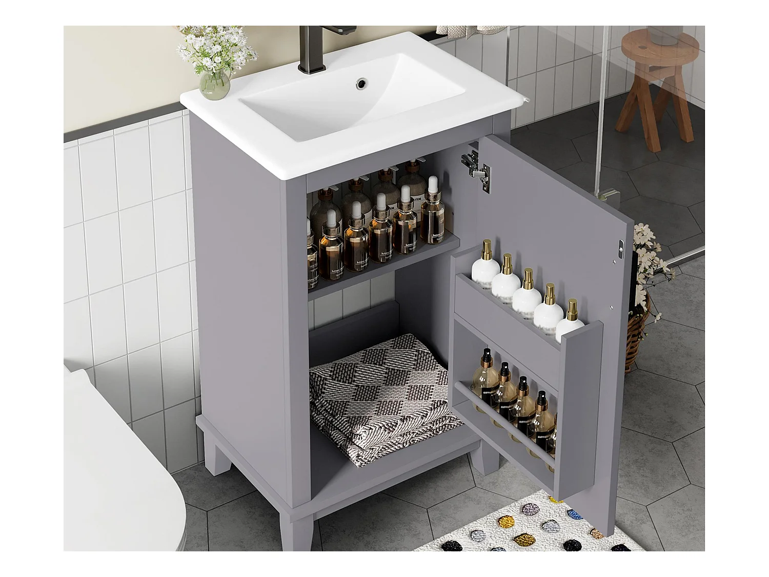 Meuble de salle de bain sur pied - avec une vasque en céramique - 1 porte - étagères réglables - Gris(robinet non inclus)