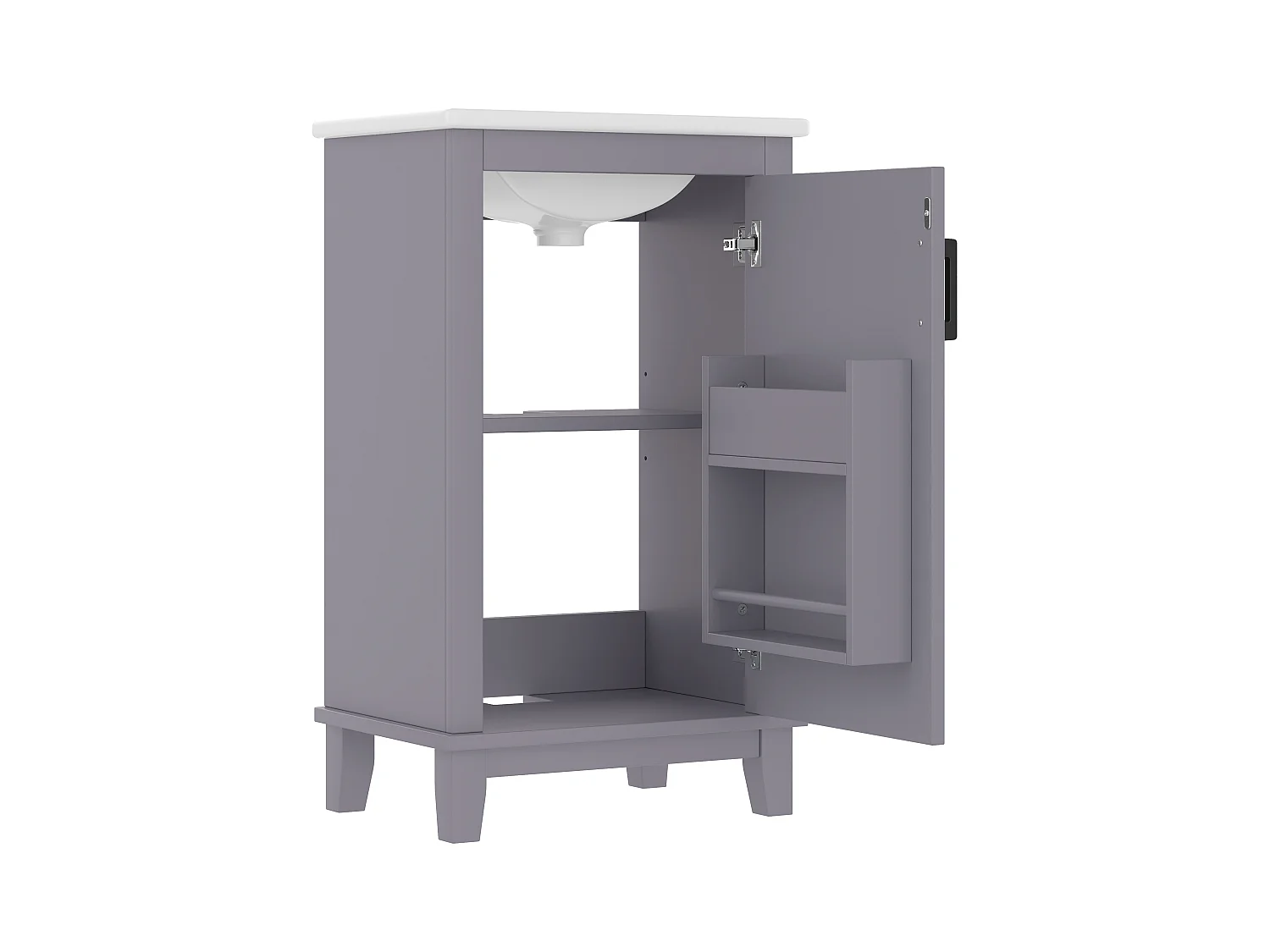 Meuble de salle de bain sur pied - avec une vasque en céramique - 1 porte - étagères réglables - Gris(robinet non inclus)