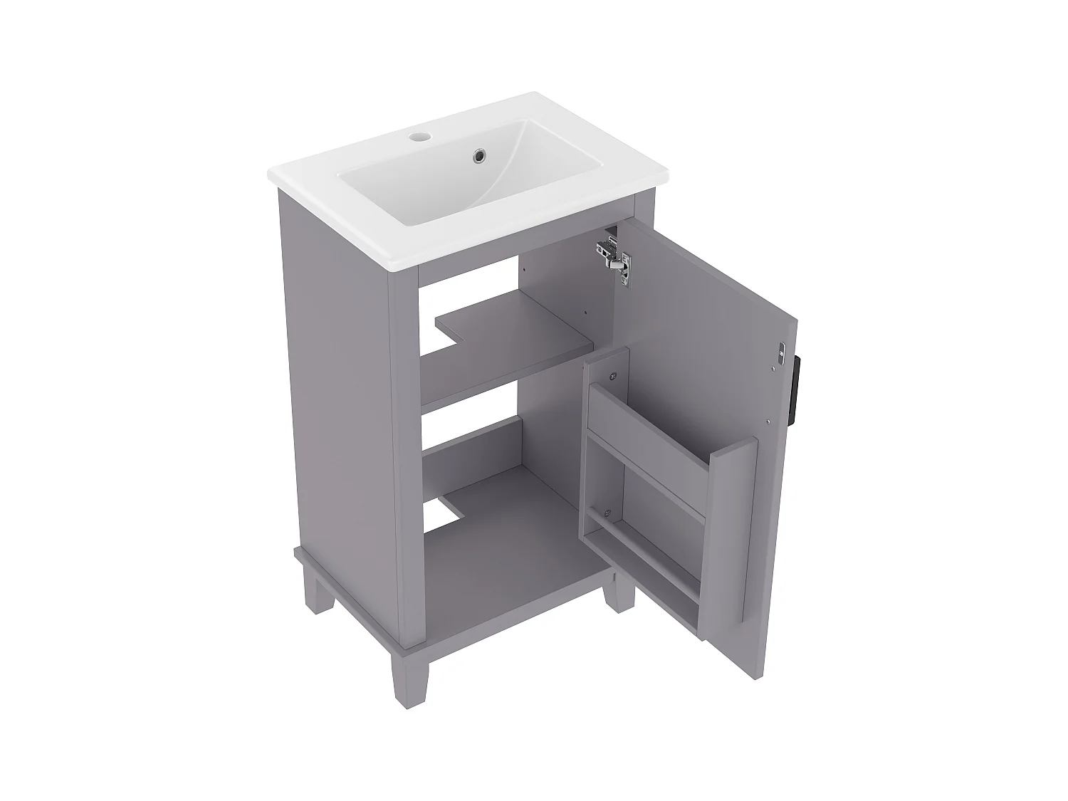 Meuble de salle de bain sur pied - avec une vasque en céramique - 1 porte - étagères réglables - Gris(robinet non inclus)