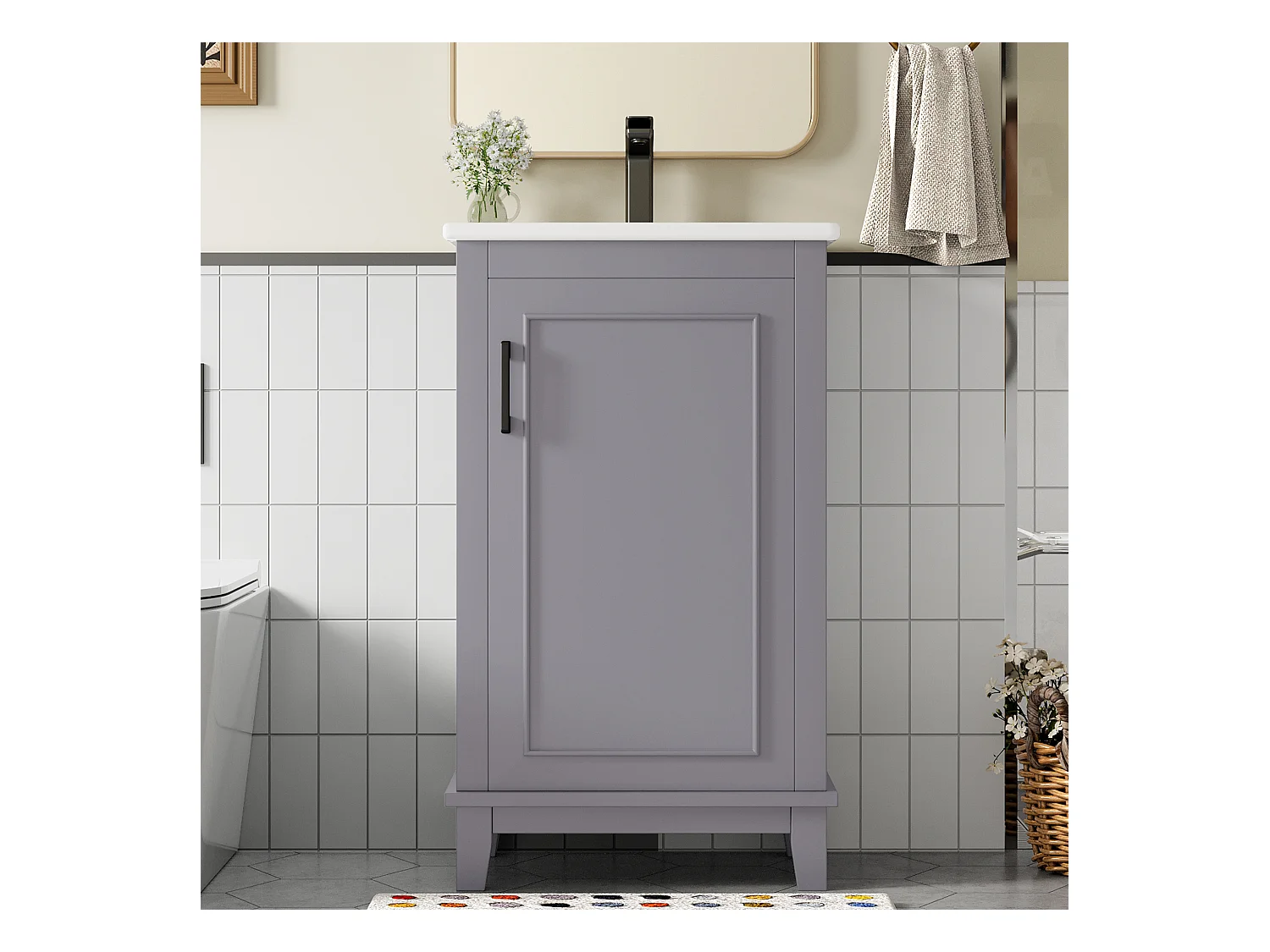Meuble de salle de bain sur pied - avec une vasque en céramique - 1 porte - étagères réglables - Gris(robinet non inclus)