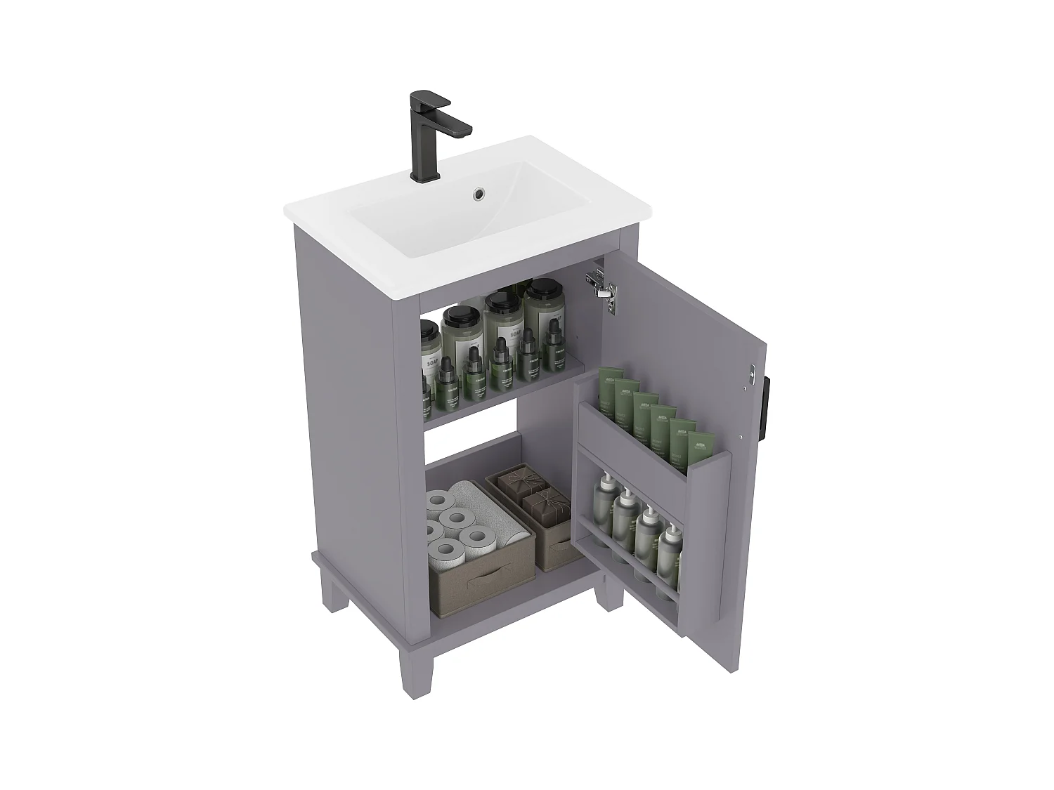 Meuble de salle de bain sur pied - avec une vasque en céramique - 1 porte - étagères réglables - Gris(robinet non inclus)