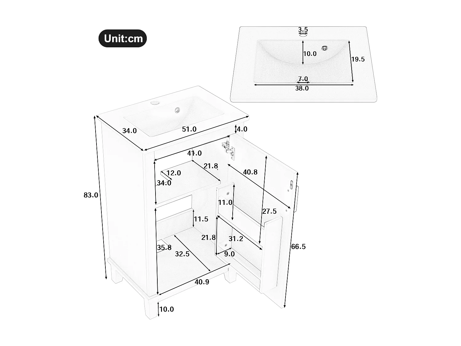 Meuble de salle de bain sur pied - avec une vasque en céramique - 1 porte - étagères réglables - Gris(robinet non inclus)