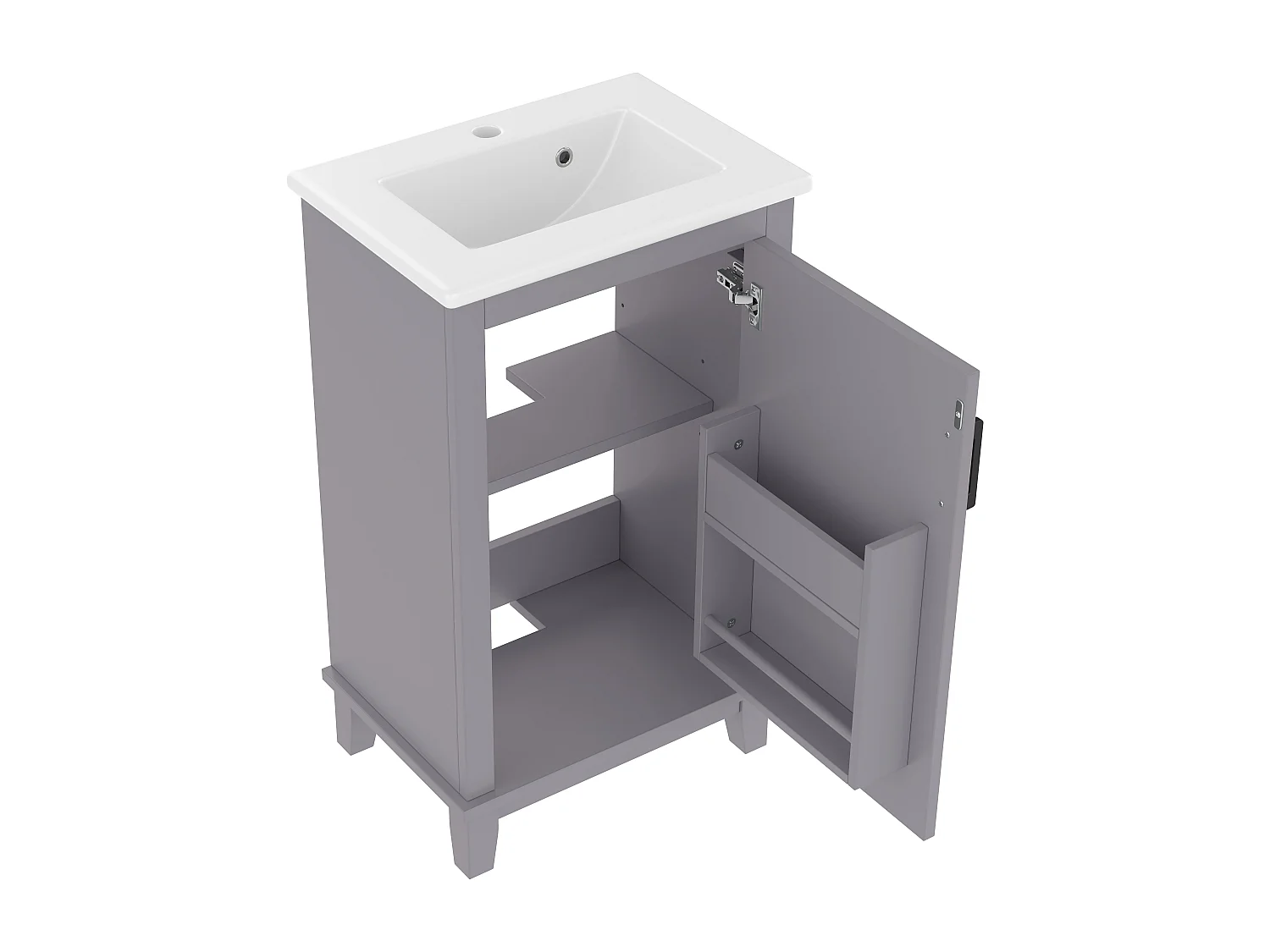 Meuble de salle de bain sur pied - avec une vasque en céramique - 1 porte - étagères réglables - Gris(robinet non inclus)